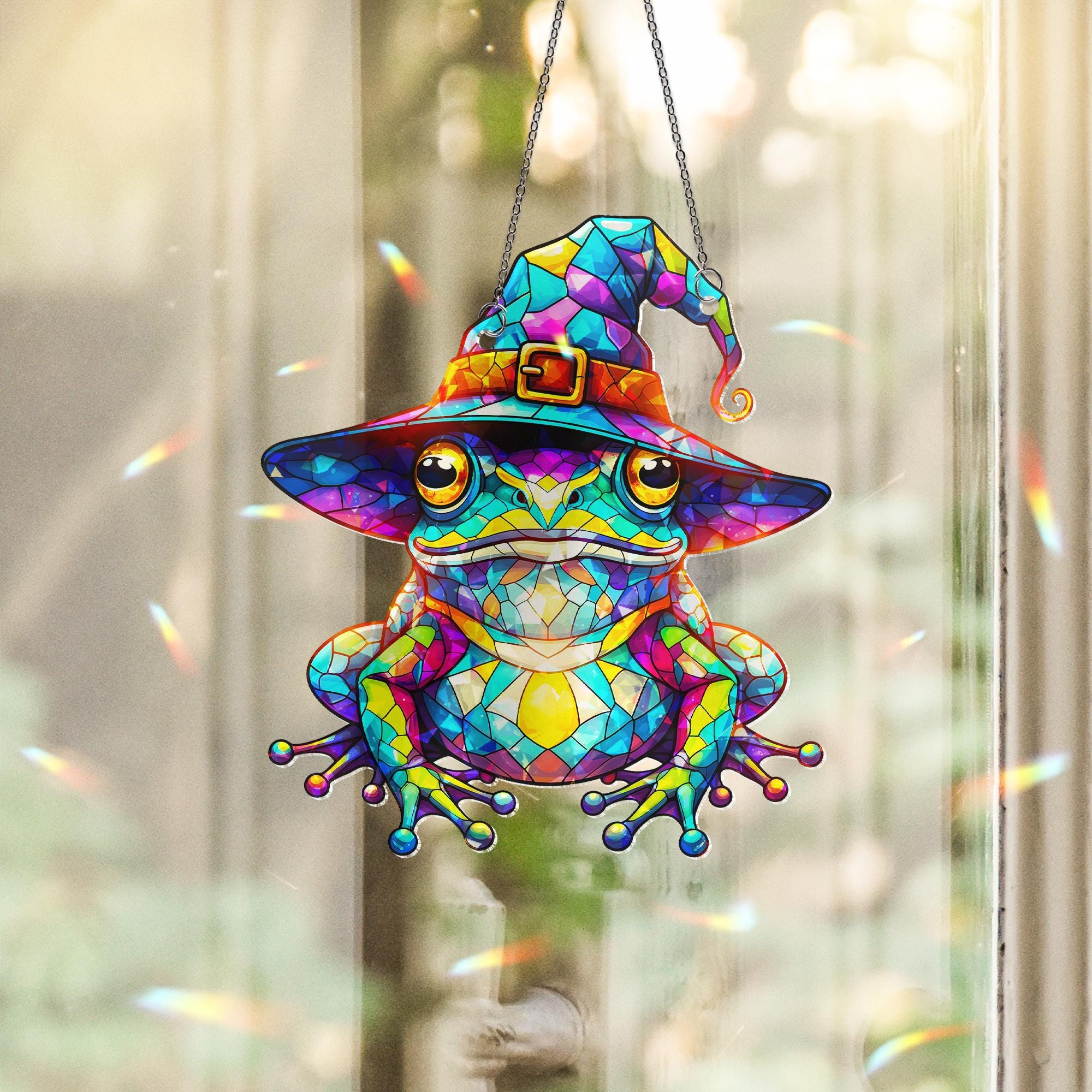 Witch Frog Holographic Acrylic Window Hanging, Magical Rainbow Maker, Whimsical Animal Ornament Decor, Halloween Decor, Gothic Decor
