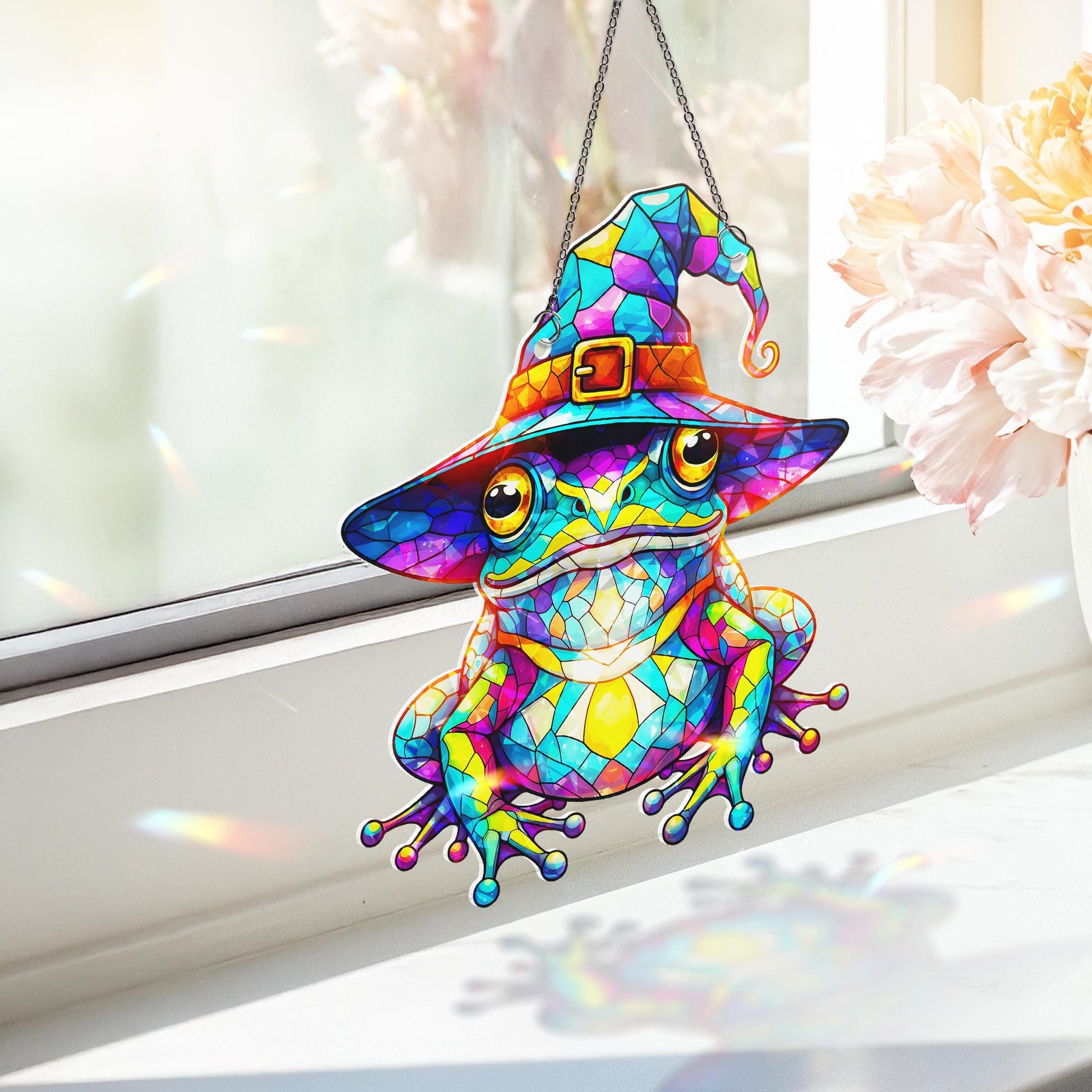 Witch Frog Holographic Acrylic Window Hanging, Magical Rainbow Maker, Whimsical Animal Ornament Decor, Halloween Decor, Gothic Decor