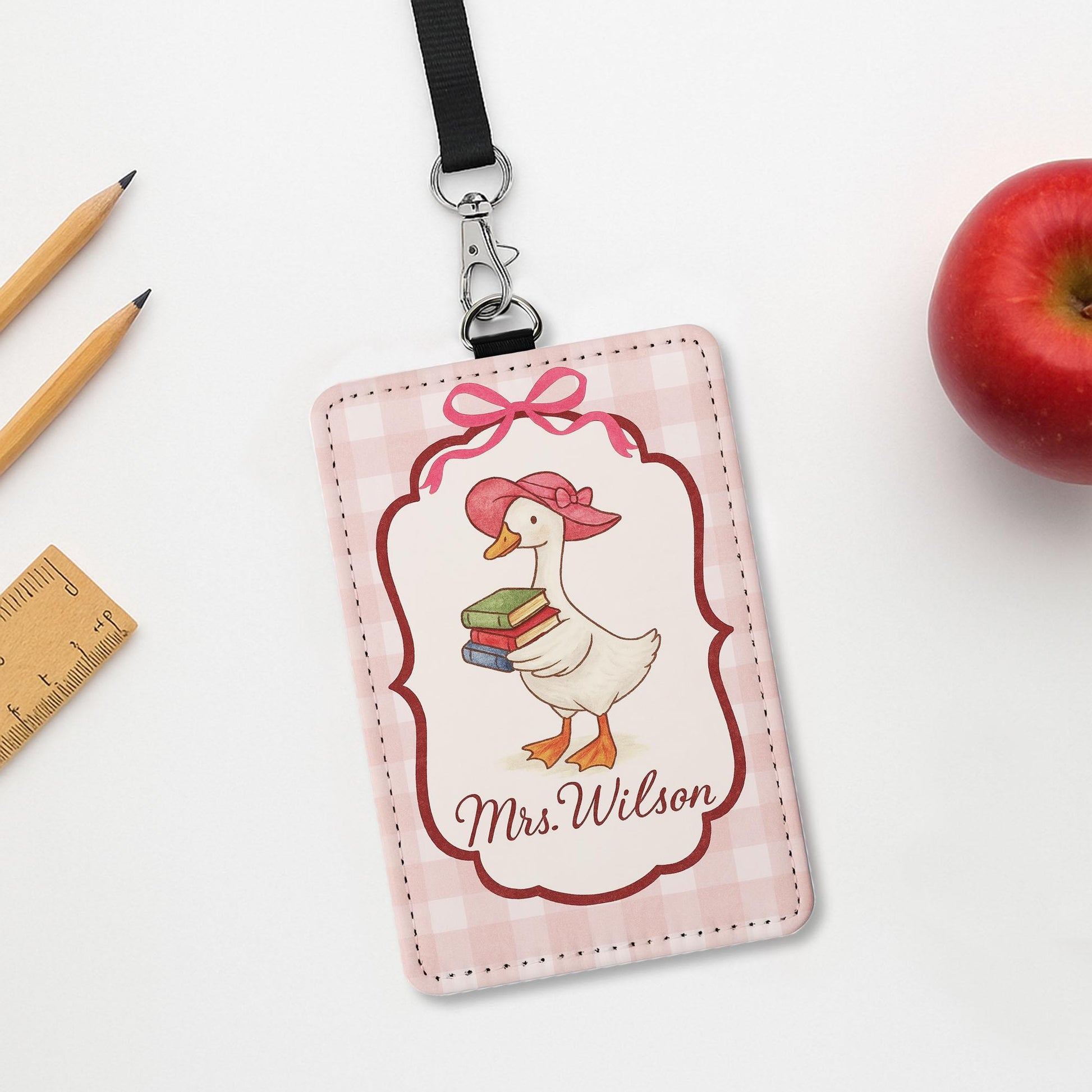 Personalized Silly Goose Teacher Badge Holder, Back to School ID Card,Cute Pink Gingham Lanyard, Funny Classroom Accessory,Teacher Gift Idea