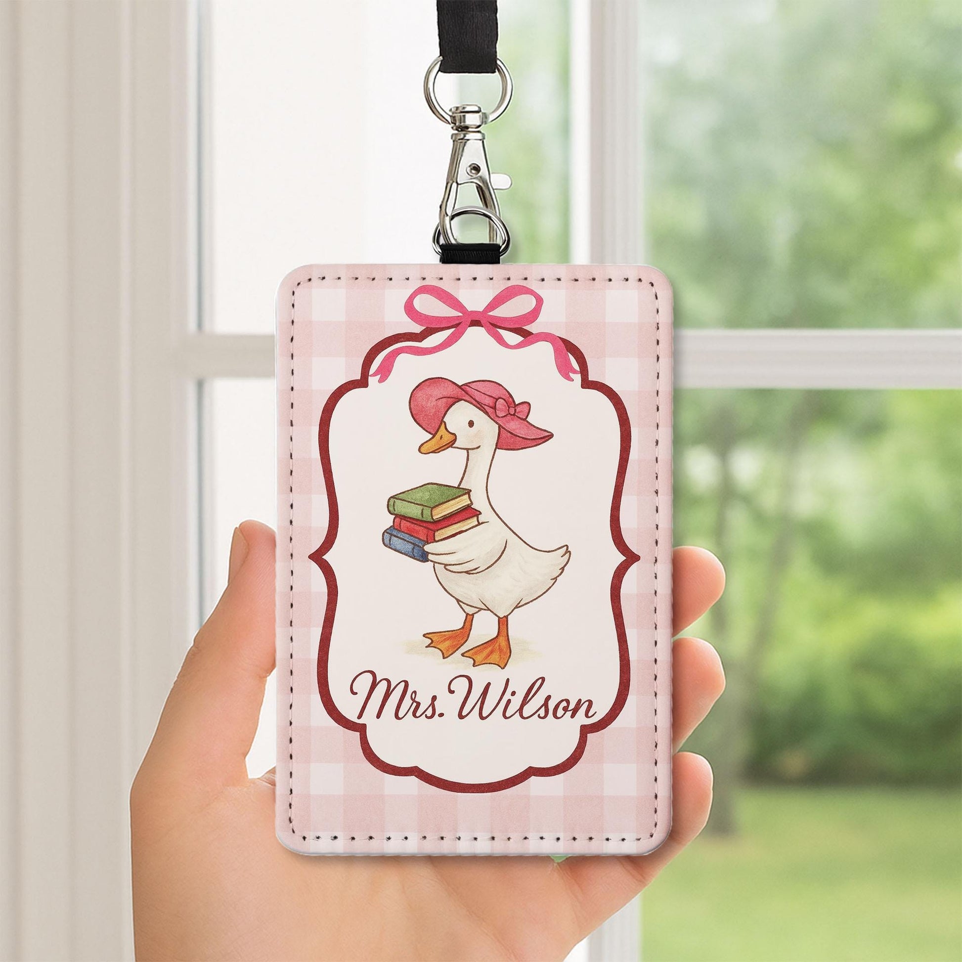 Personalized Silly Goose Teacher Badge Holder, Back to School ID Card,Cute Pink Gingham Lanyard, Funny Classroom Accessory,Teacher Gift Idea