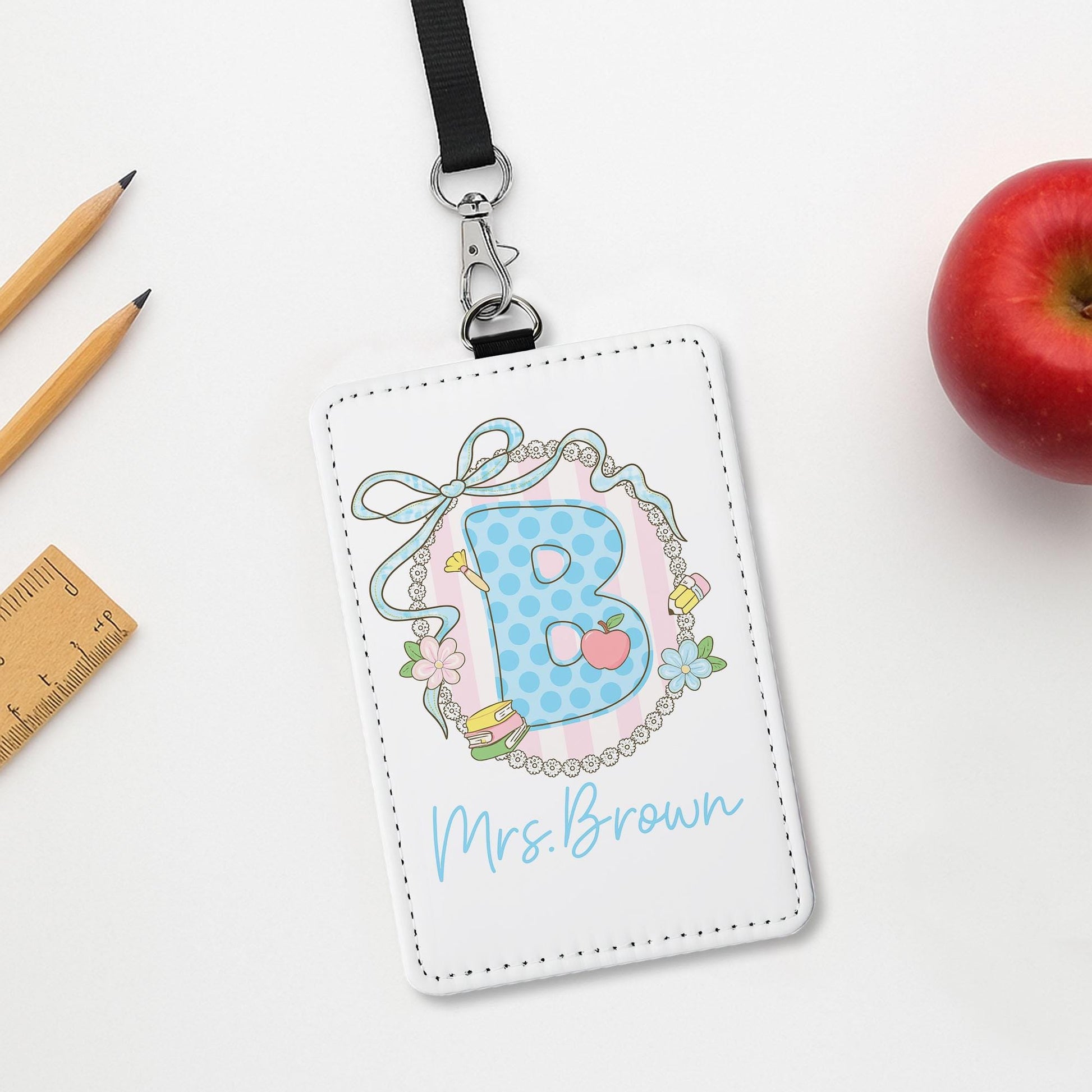 Personalized Teacher ID Holder, Custom Name Badge Holder, Cute Floral Initial Lanyard, Gift for Teacher, Classroom Accessory