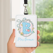 Personalized Teacher ID Holder, Custom Name Badge Holder, Cute Floral Initial Lanyard, Gift for Teacher, Classroom Accessory