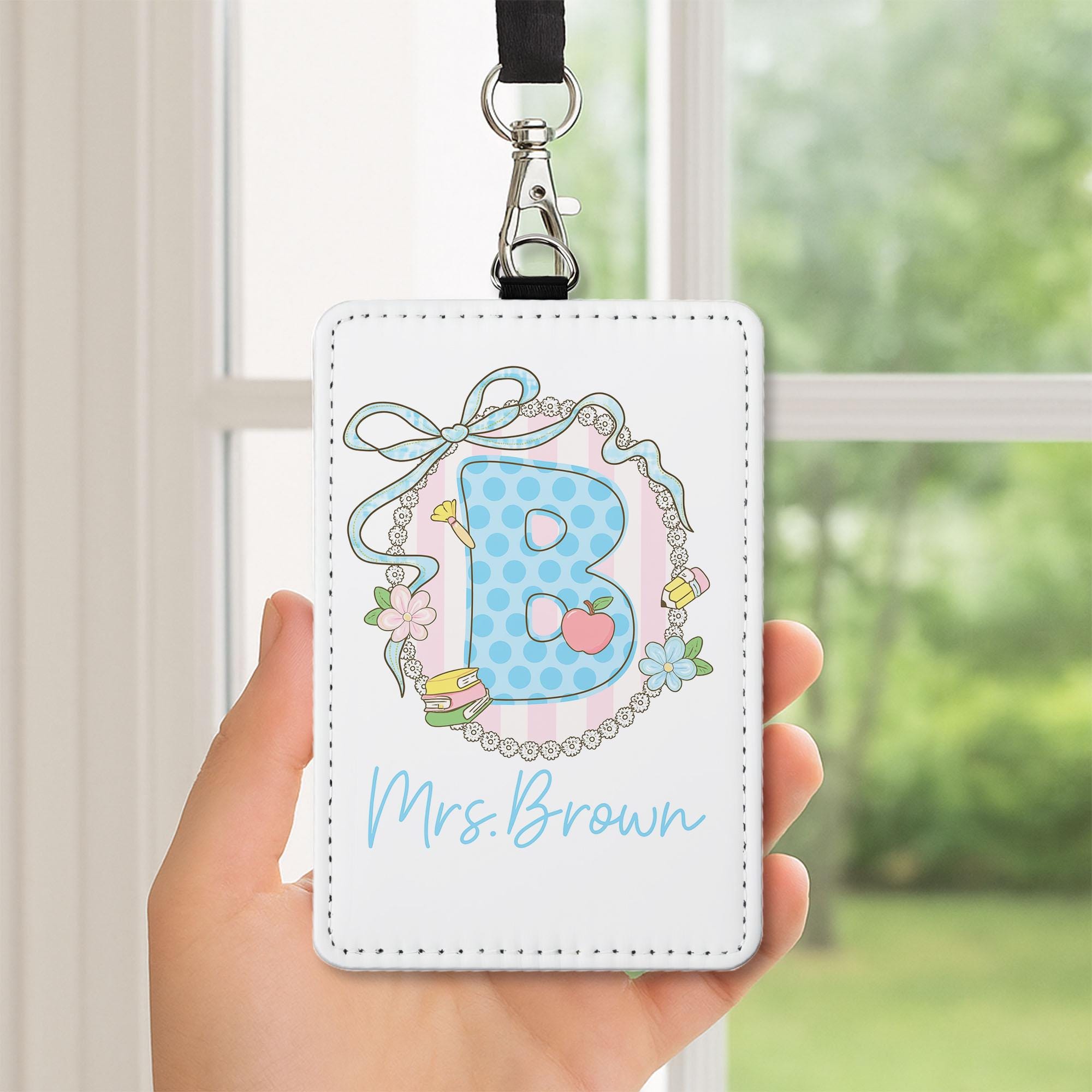 Personalized Teacher ID Holder, Custom Name Badge Holder, Cute Floral Initial Lanyard, Gift for Teacher, Classroom Accessory