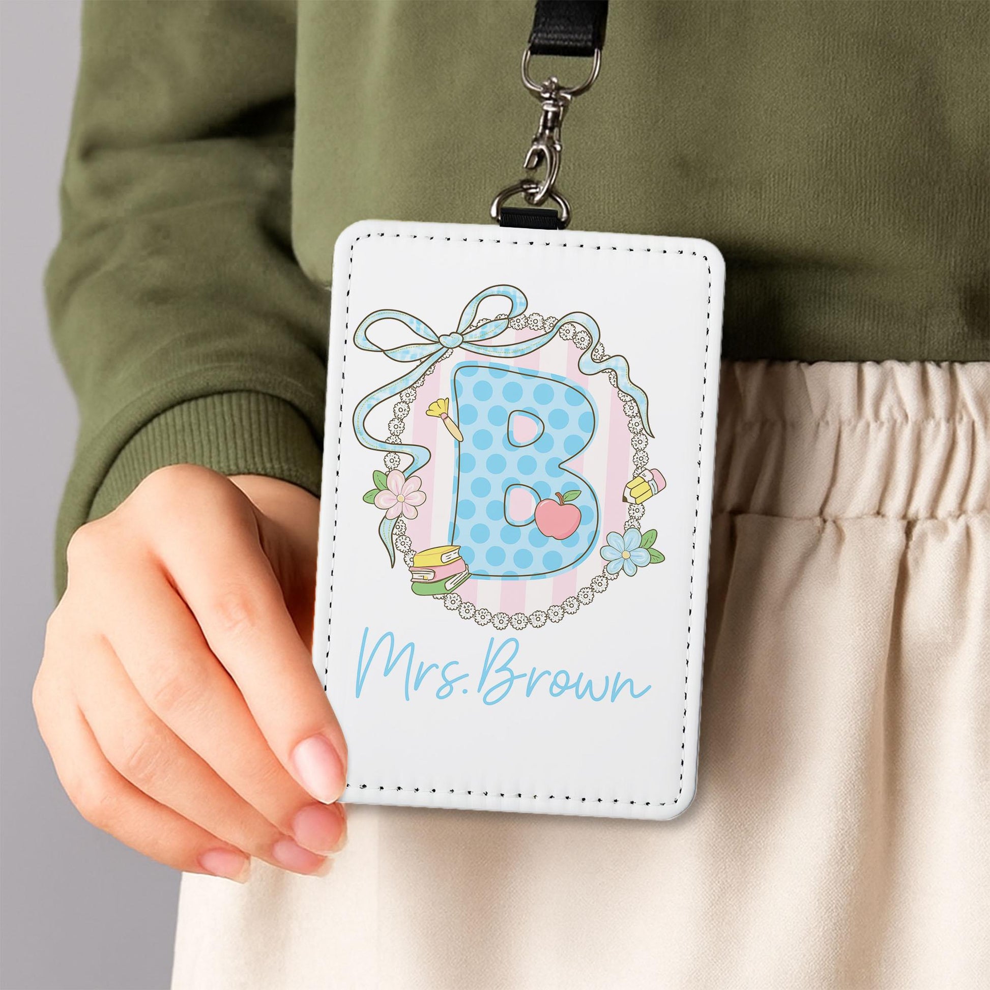 Personalized Teacher ID Holder, Custom Name Badge Holder, Cute Floral Initial Lanyard, Gift for Teacher, Classroom Accessory
