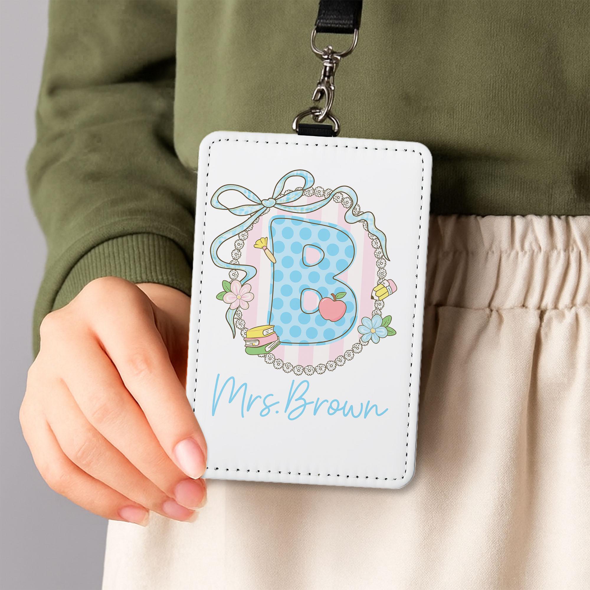 Personalized Teacher ID Holder, Custom Name Badge Holder, Cute Floral Initial Lanyard, Gift for Teacher, Classroom Accessory