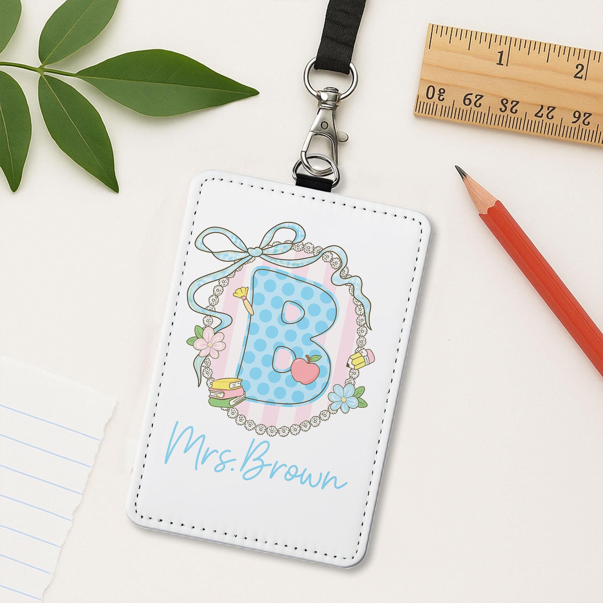 Personalized Teacher ID Holder, Custom Name Badge Holder, Cute Floral Initial Lanyard, Gift for Teacher, Classroom Accessory
