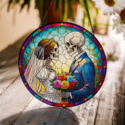 Gothic Skeleton Couple Glass Suncatcher, Macabre Wedding Decor, 'Til Death Anniversary Gift, Day of The Dead Window Hanging,Halloween Couple