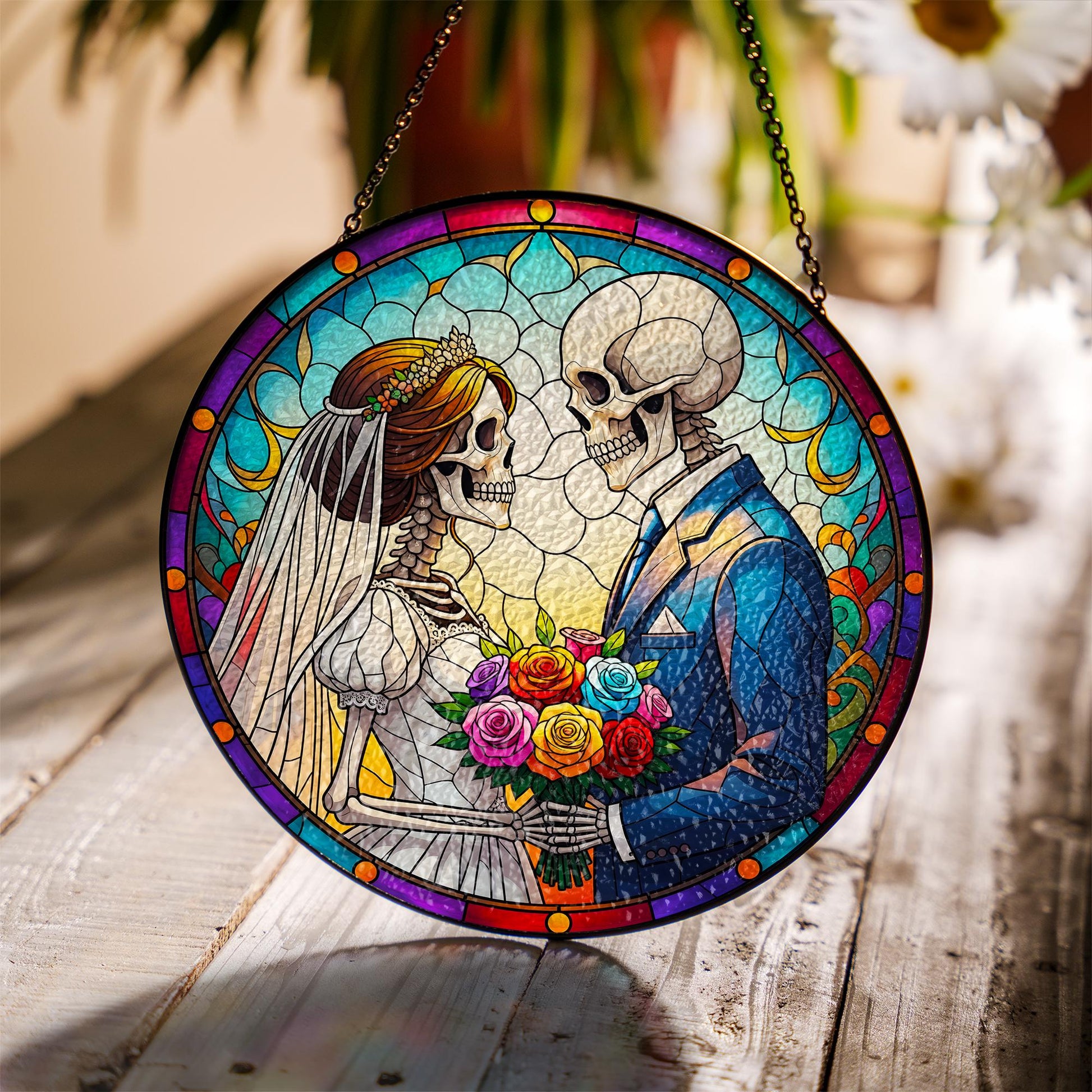 Gothic Skeleton Couple Glass Suncatcher, Macabre Wedding Decor, 'Til Death Anniversary Gift, Day of The Dead Window Hanging,Halloween Couple