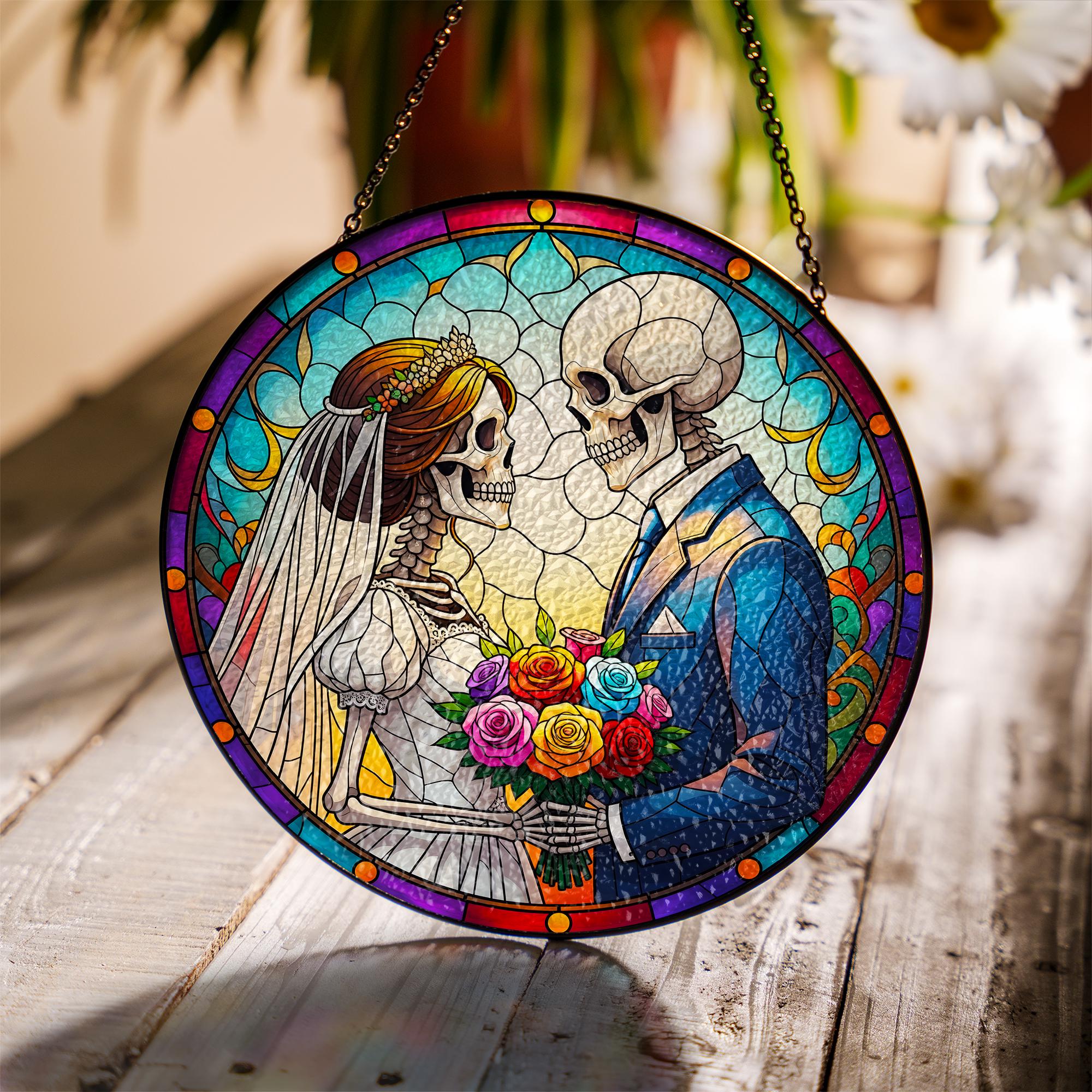 Gothic Skeleton Couple Glass Suncatcher, Macabre Wedding Decor, 'Til Death Anniversary Gift, Day of The Dead Window Hanging,Halloween Couple