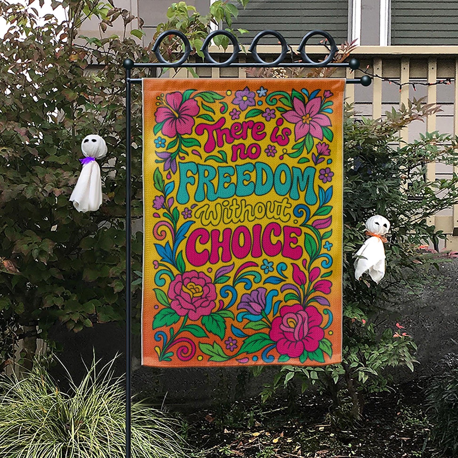 Freedom of Choice Flag, Retro 70s Floral Garden Banner, Pro Choice Quote Art, Hippie Groovy Yard Decor, Feminist Psychedelic Statement