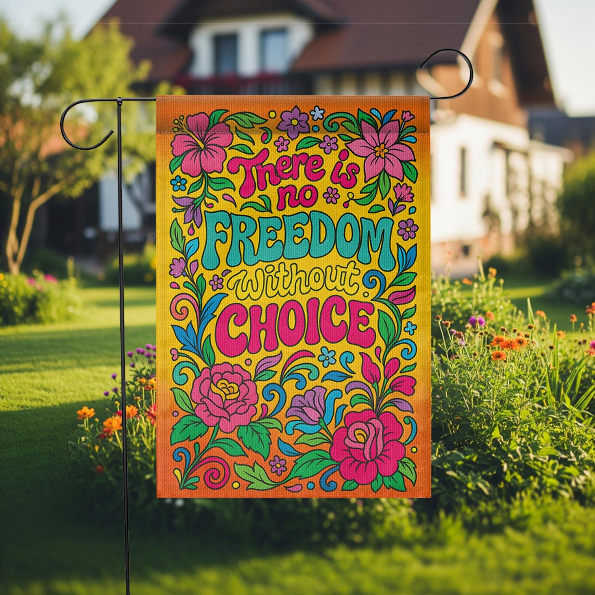 Freedom of Choice Flag, Retro 70s Floral Garden Banner, Pro Choice Quote Art, Hippie Groovy Yard Decor, Feminist Psychedelic Statement