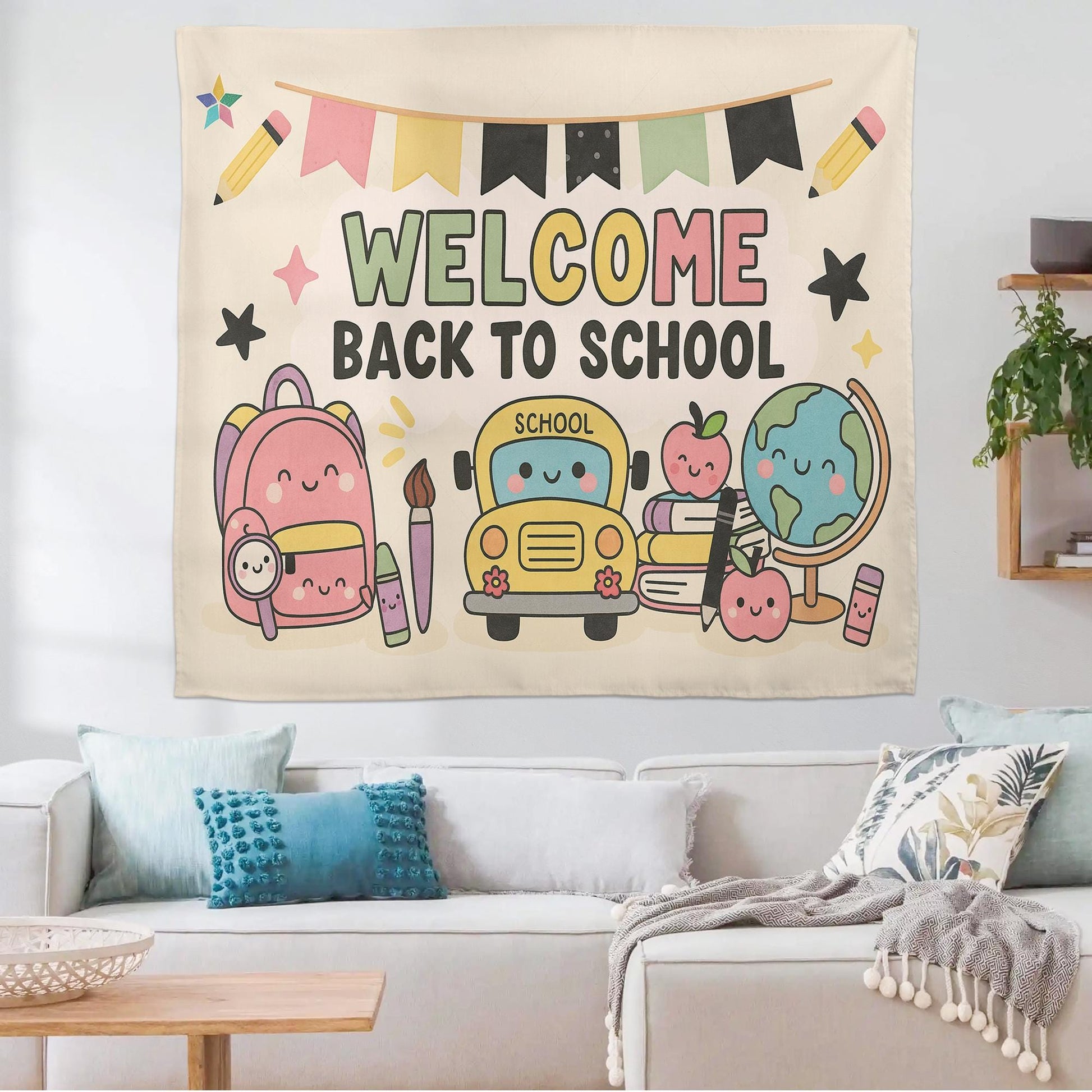 Welcome Back to School Tapestry, Cute Classroom Wall Decor, Teacher Backdrop Banner, Kawaii School Theme Decoration