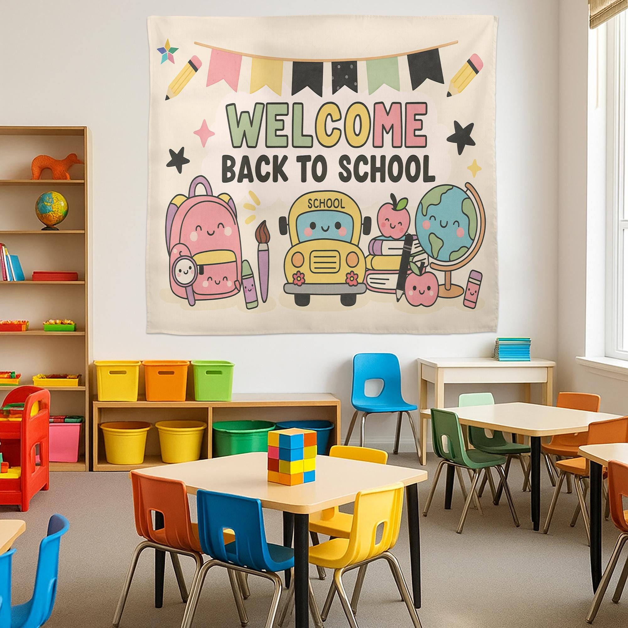 Welcome Back to School Tapestry, Cute Classroom Wall Decor, Teacher Backdrop Banner, Kawaii School Theme Decoration