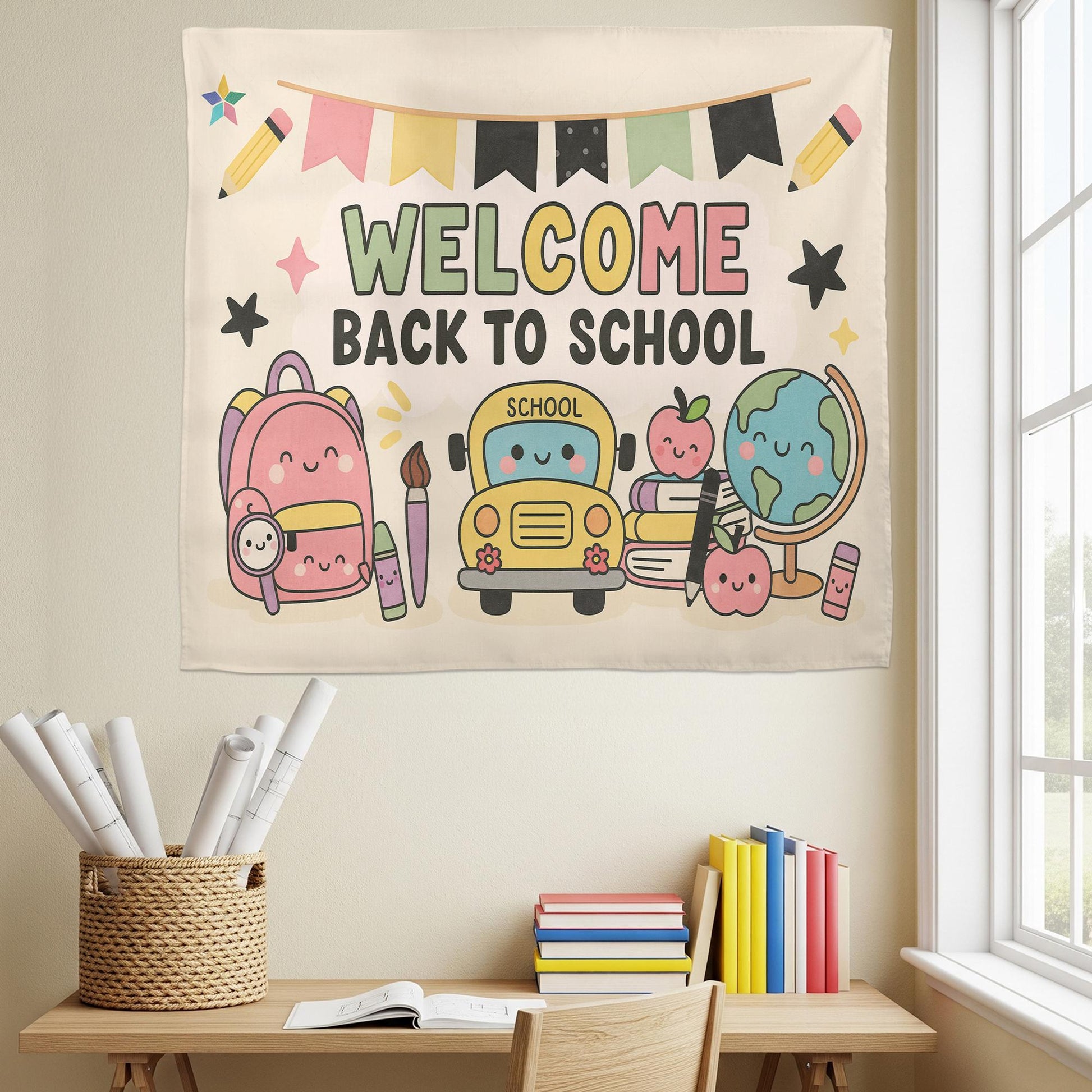 Welcome Back to School Tapestry, Cute Classroom Wall Decor, Teacher Backdrop Banner, Kawaii School Theme Decoration