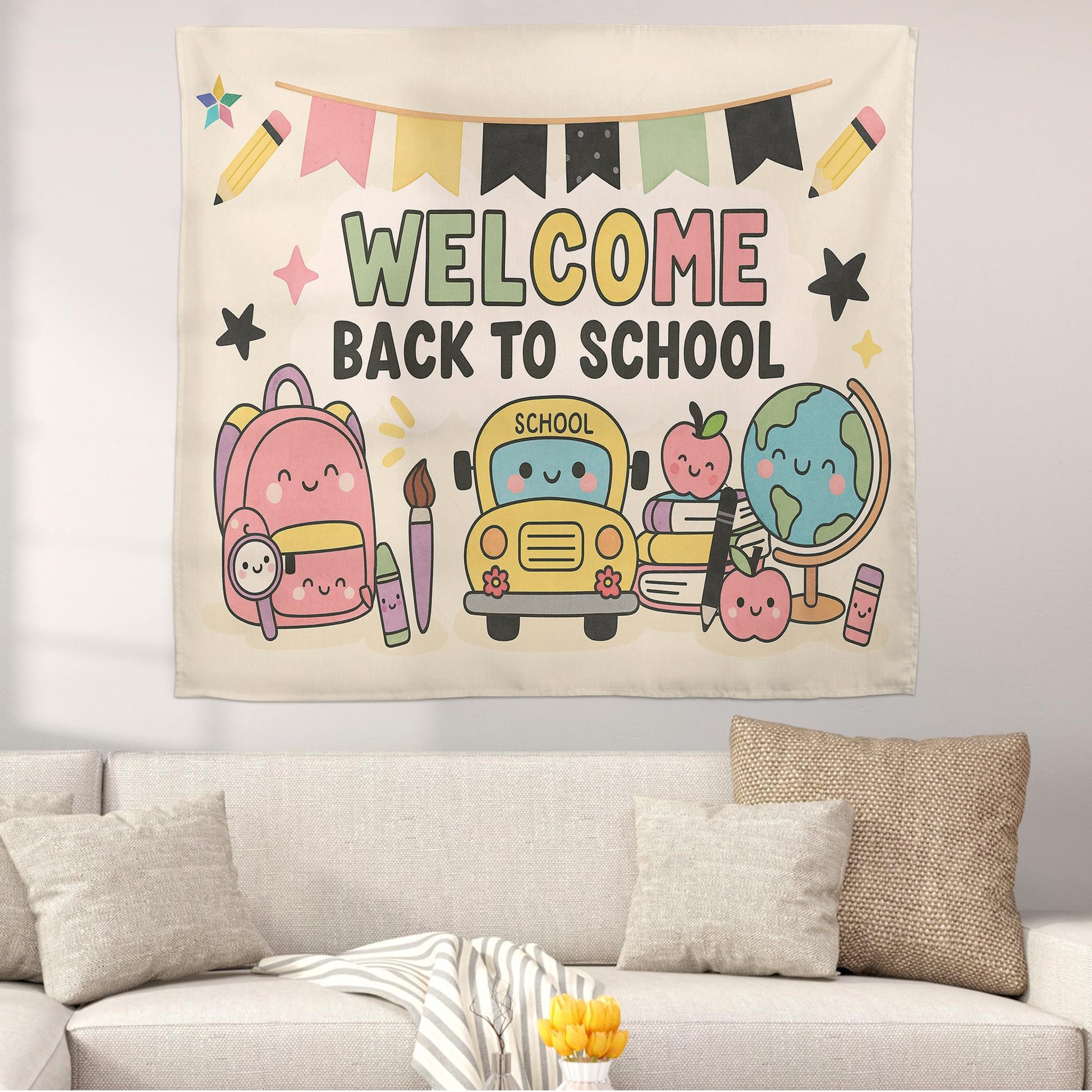 Welcome Back to School Tapestry, Cute Classroom Wall Decor, Teacher Backdrop Banner, Kawaii School Theme Decoration