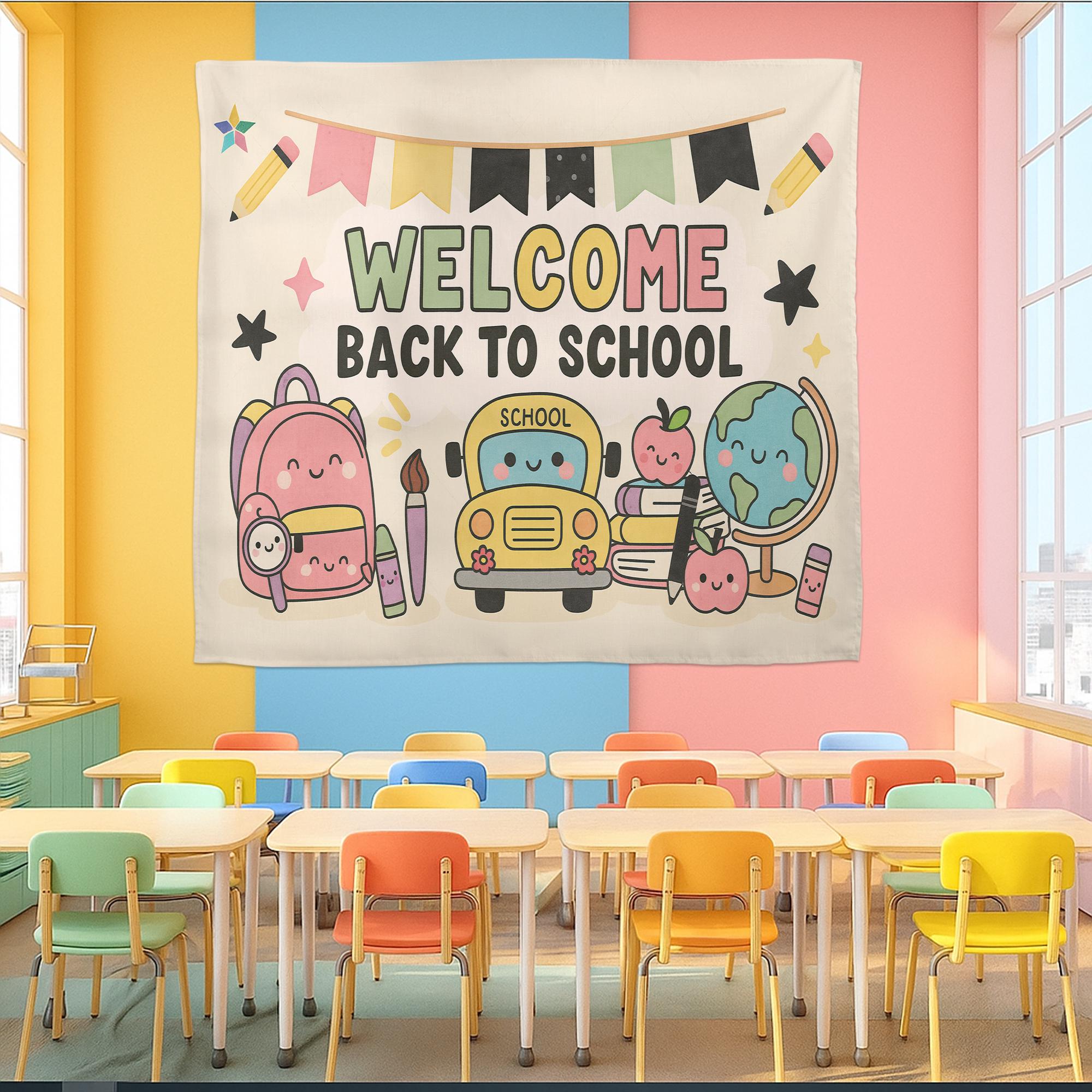 Welcome Back to School Tapestry, Cute Classroom Wall Decor, Teacher Backdrop Banner, Kawaii School Theme Decoration