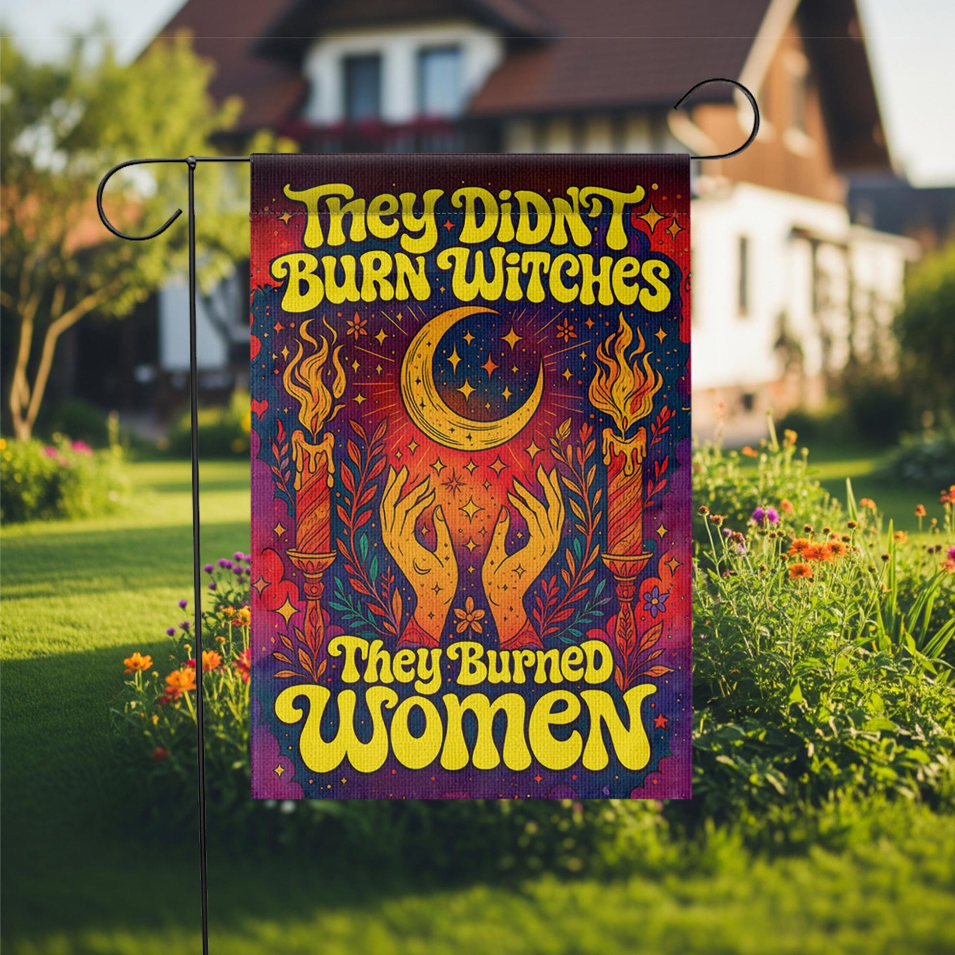 They Burned Women Garden Flag, Feminist Witchy Home Decor, Psychedelic 70s Yard Art, Halloween Woman Gift, Celestial Moon Outdoor Banner