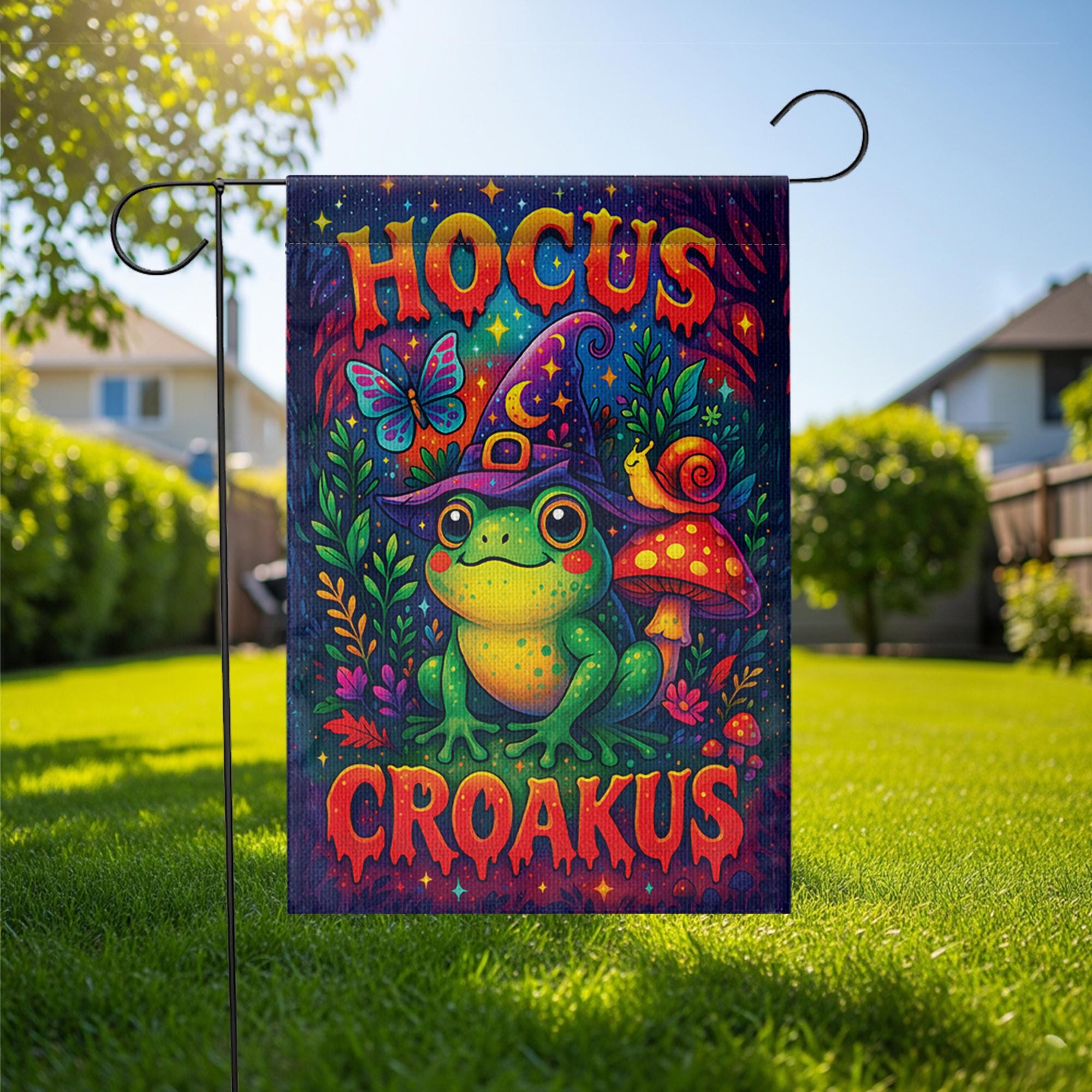 Funny Hocus Croakus Frog Garden Flag, Cute Witchy Halloween Decor, Whimsical Goblincore Yard Art, Cottagecore Fall Outdoor Sign Gift