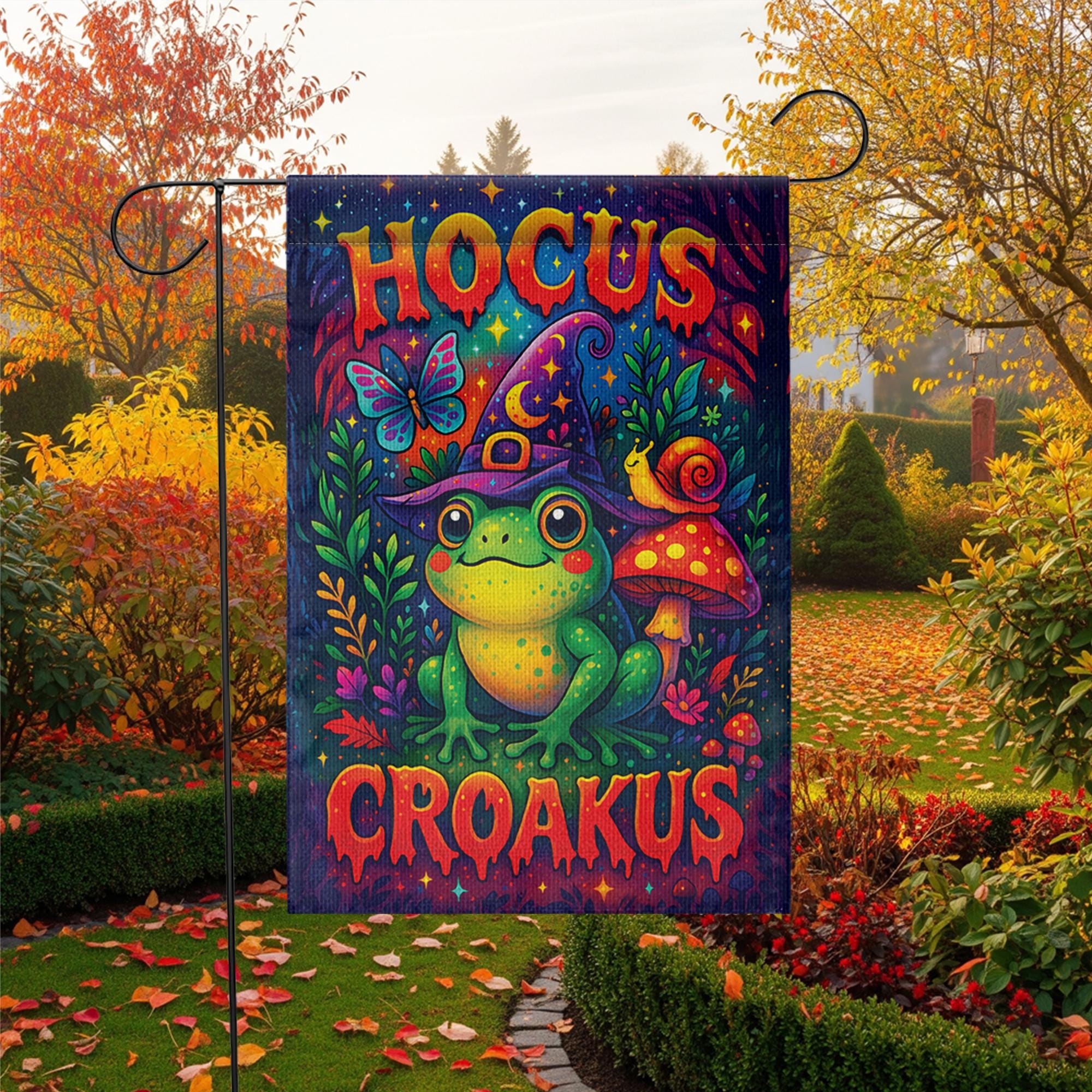 Funny Hocus Croakus Frog Garden Flag, Cute Witchy Halloween Decor, Whimsical Goblincore Yard Art, Cottagecore Fall Outdoor Sign Gift