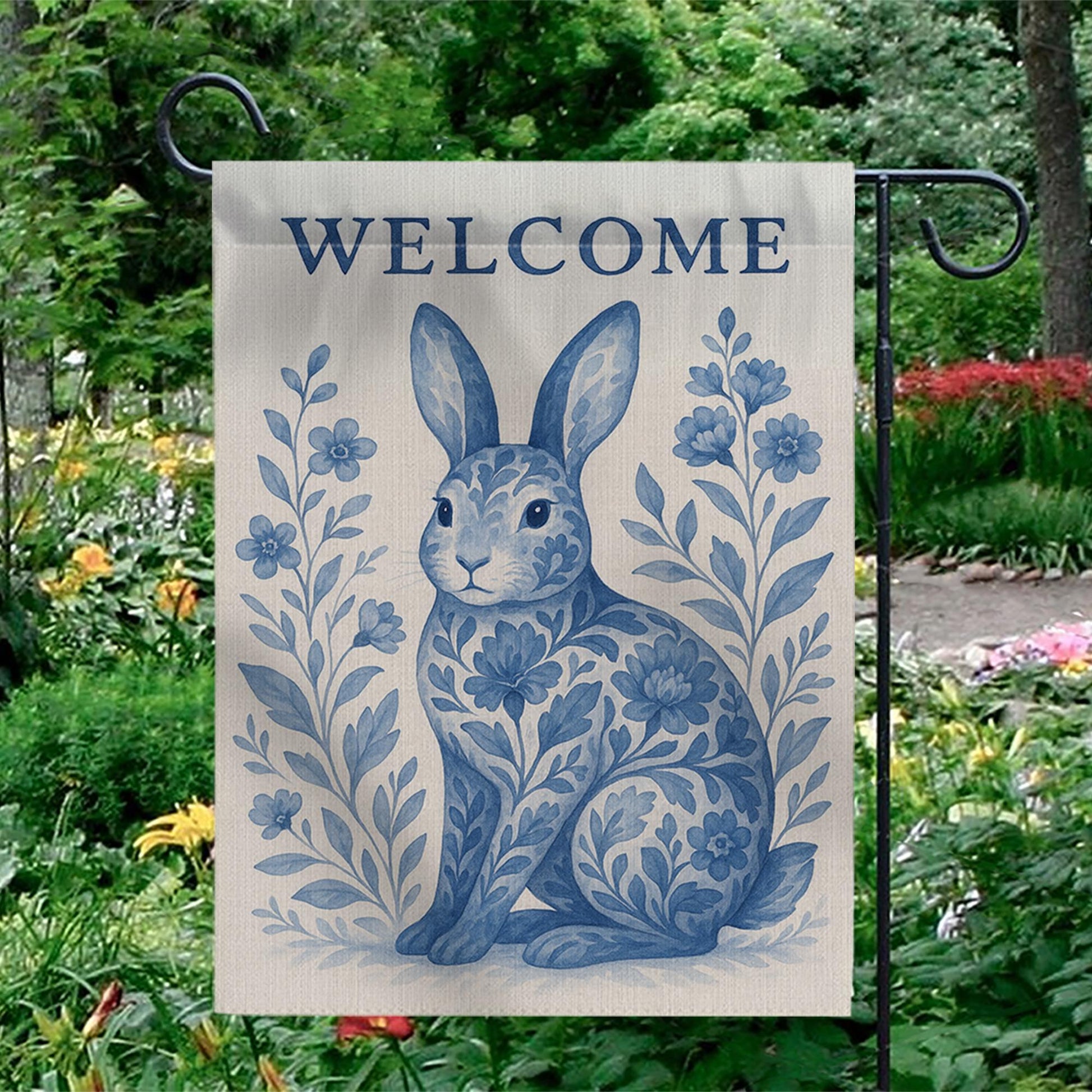 Rabbit Toile de Jouy Garden Flag, Blue Bunny Welcome Yard Sign, French Country Outdoor Decor, Summer Floral Rabbit Banner