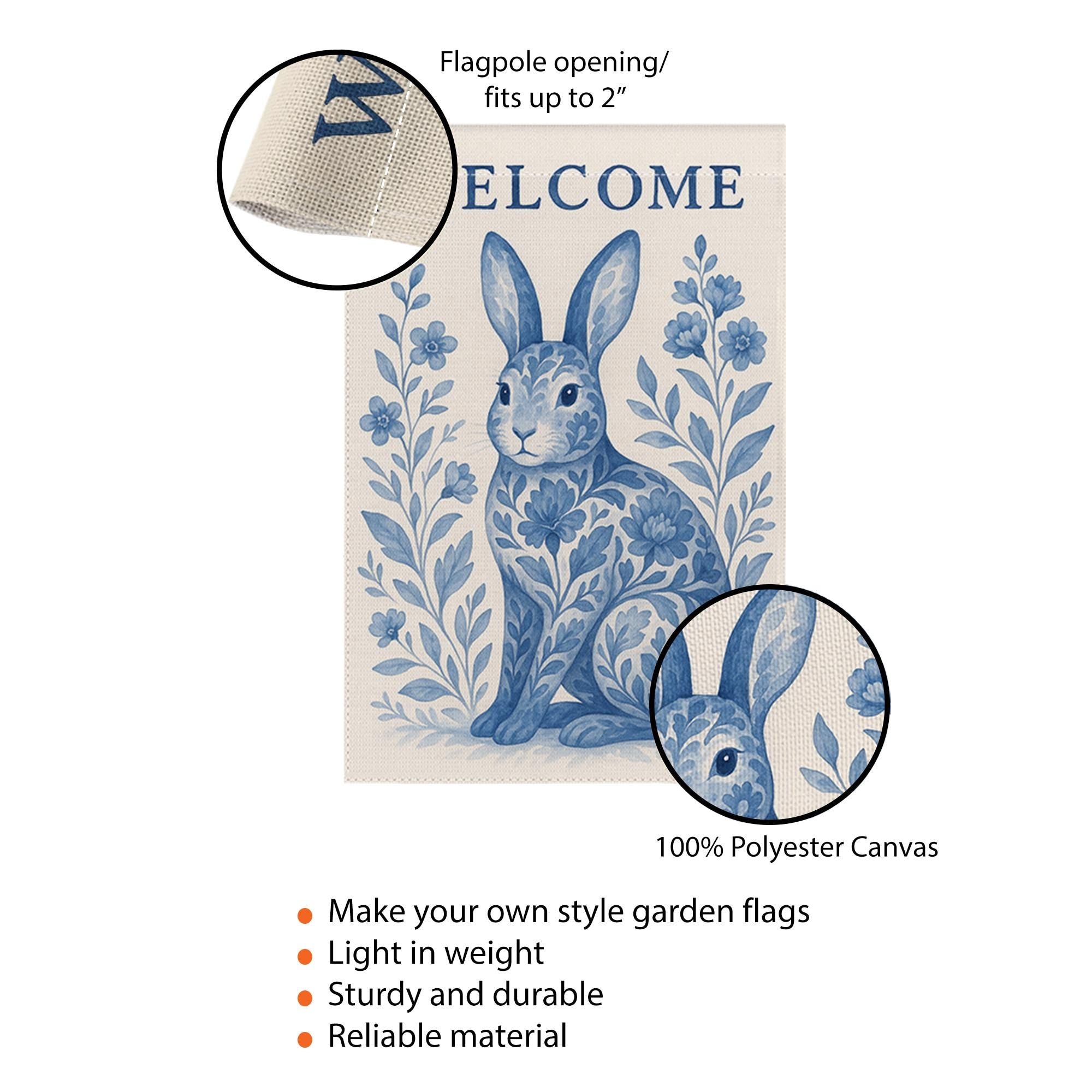 Rabbit Toile de Jouy Garden Flag, Blue Bunny Welcome Yard Sign, French Country Outdoor Decor, Summer Floral Rabbit Banner
