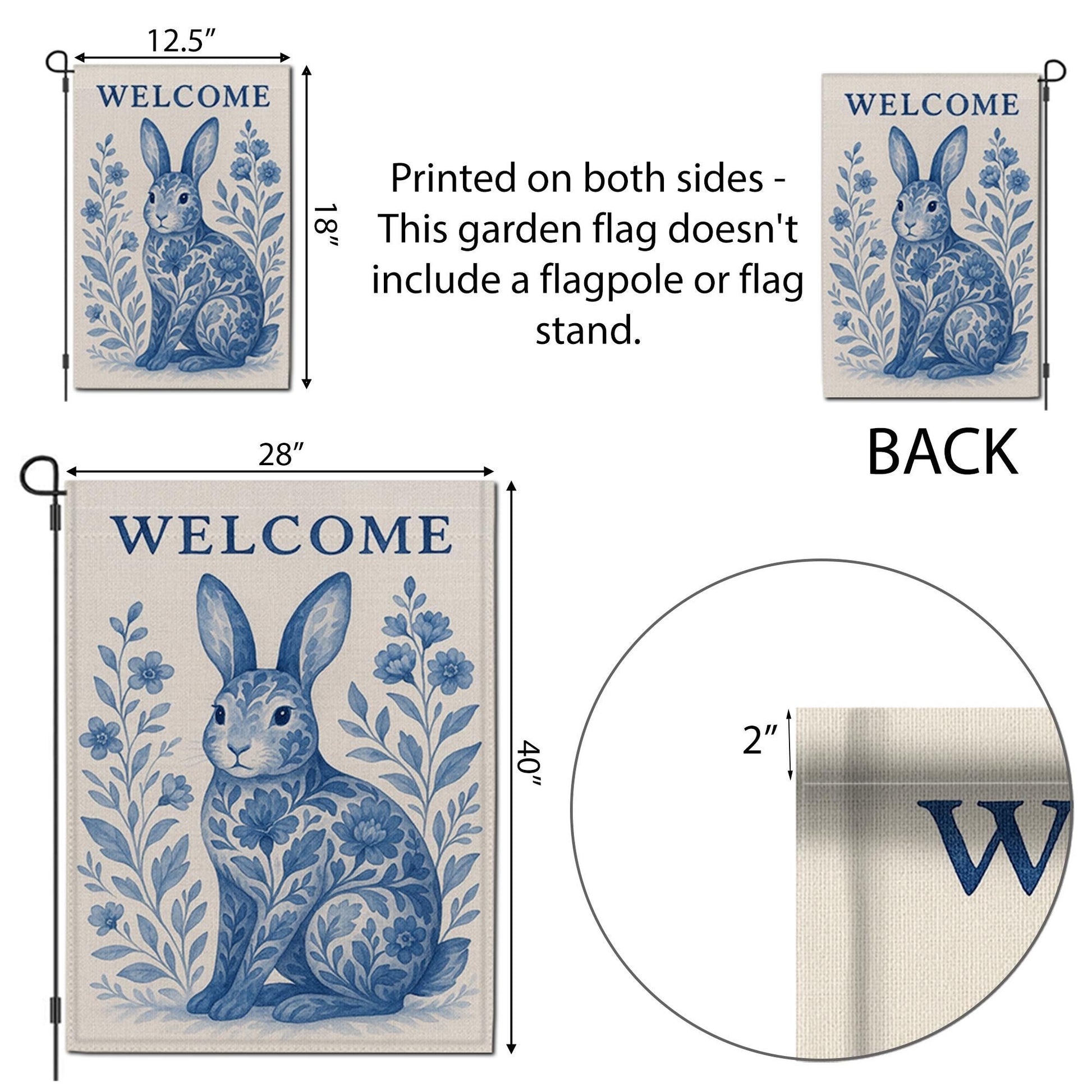 Rabbit Toile de Jouy Garden Flag, Blue Bunny Welcome Yard Sign, French Country Outdoor Decor, Summer Floral Rabbit Banner