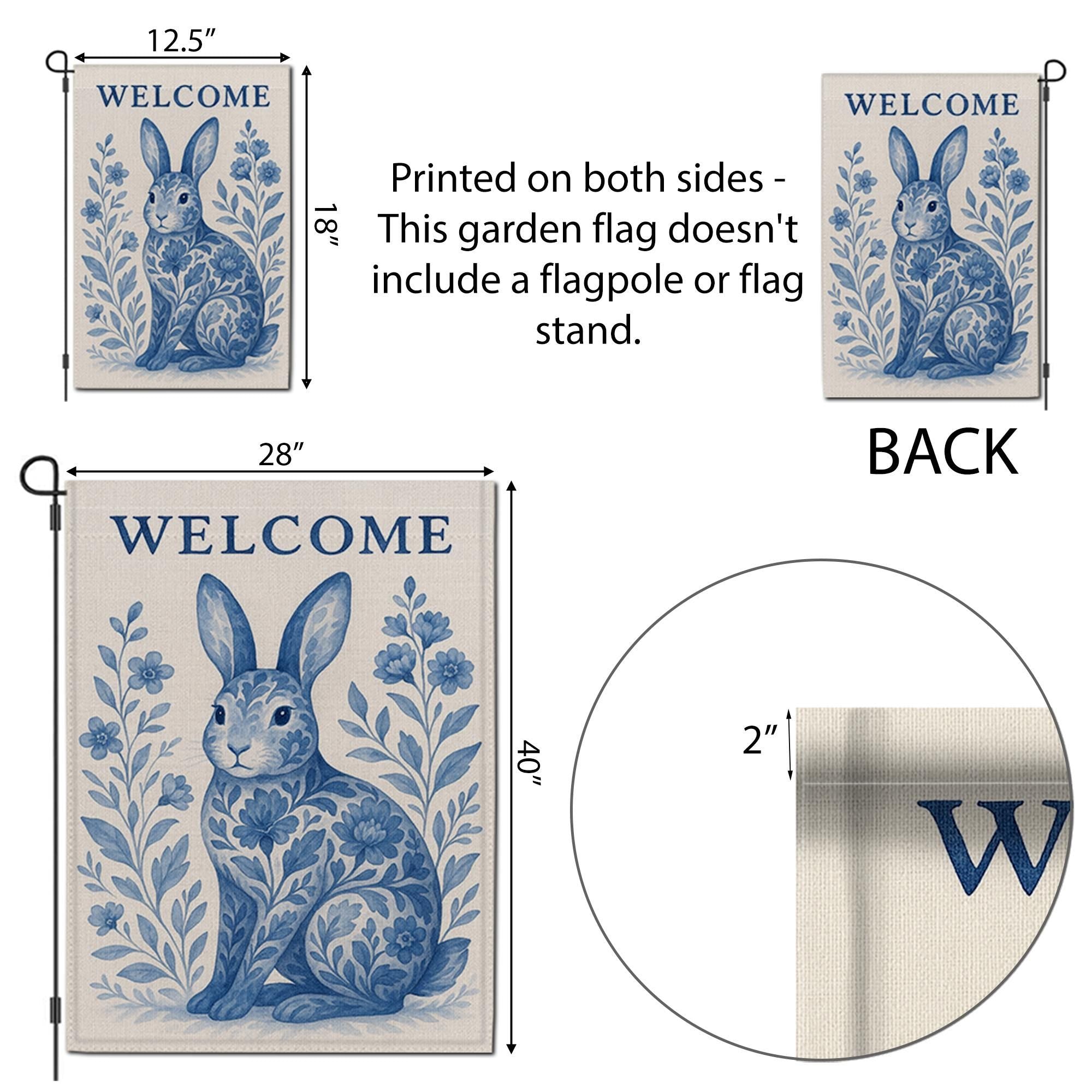 Rabbit Toile de Jouy Garden Flag, Blue Bunny Welcome Yard Sign, French Country Outdoor Decor, Summer Floral Rabbit Banner
