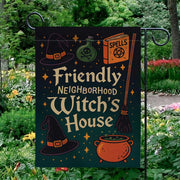 Friendly Neighborhood Witch's House Flag, Cute Halloween Yard Decor, Spooky Welcome Garden Sign, Whimsical Witchy Outdoor Fall Banner