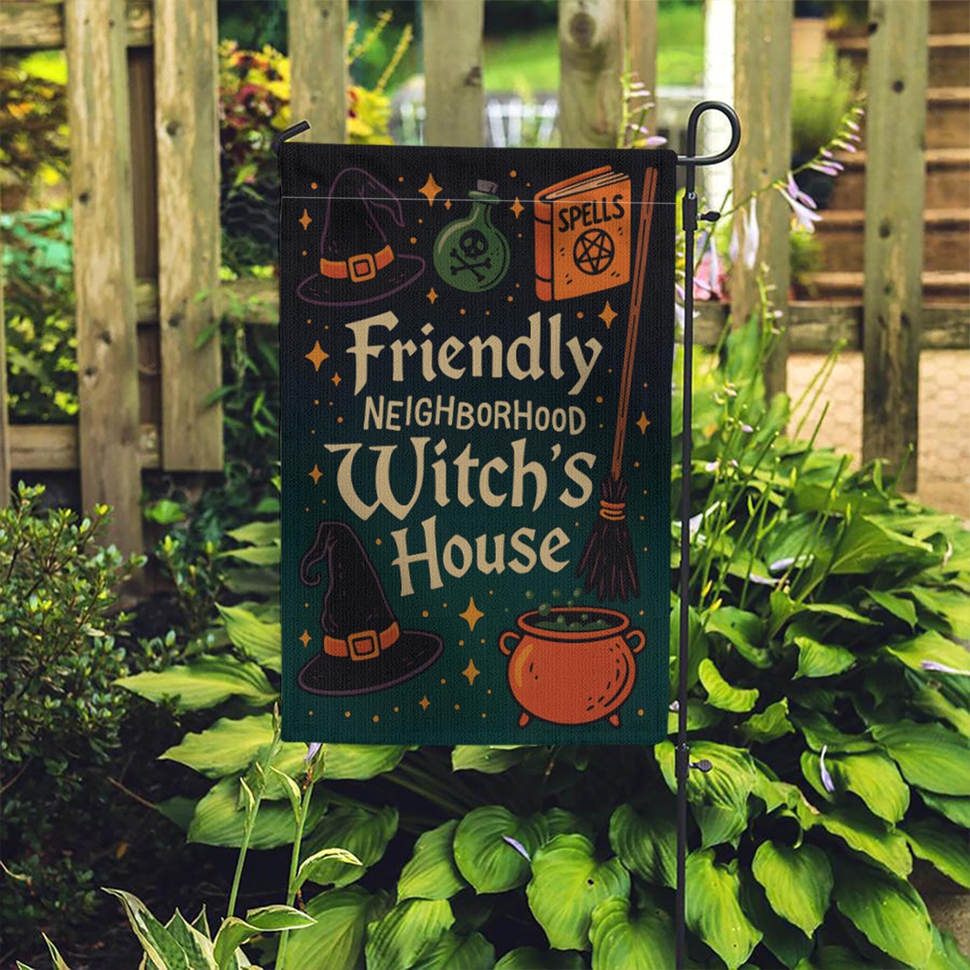 Friendly Neighborhood Witch's House Flag, Cute Halloween Yard Decor, Spooky Welcome Garden Sign, Whimsical Witchy Outdoor Fall Banner