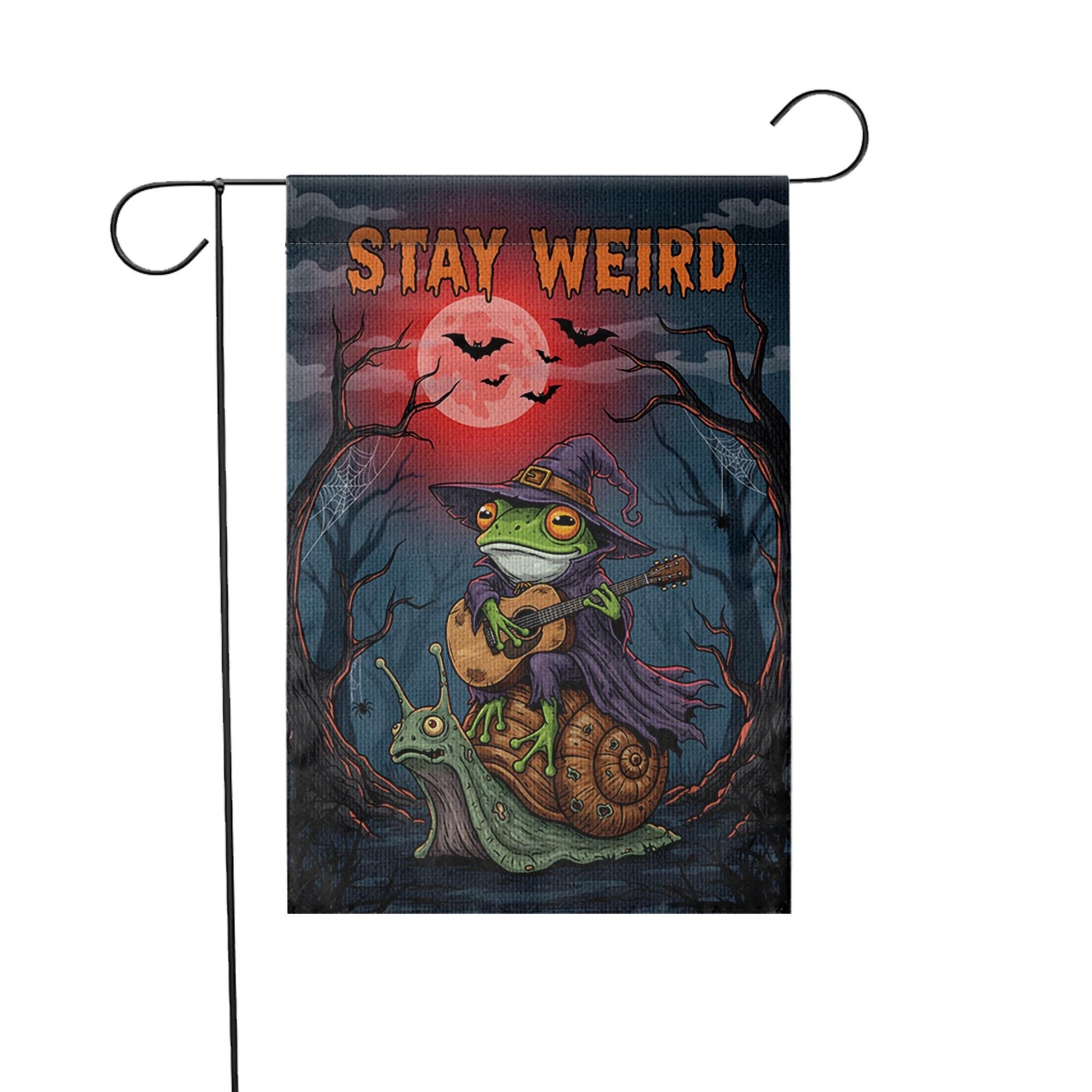 Stay Weird Frog Garden Flag, Witch on Snail Yard Banner, Goblincore Halloween Decor, Funny Gothic Cottagecore Spooky Welcome Sign