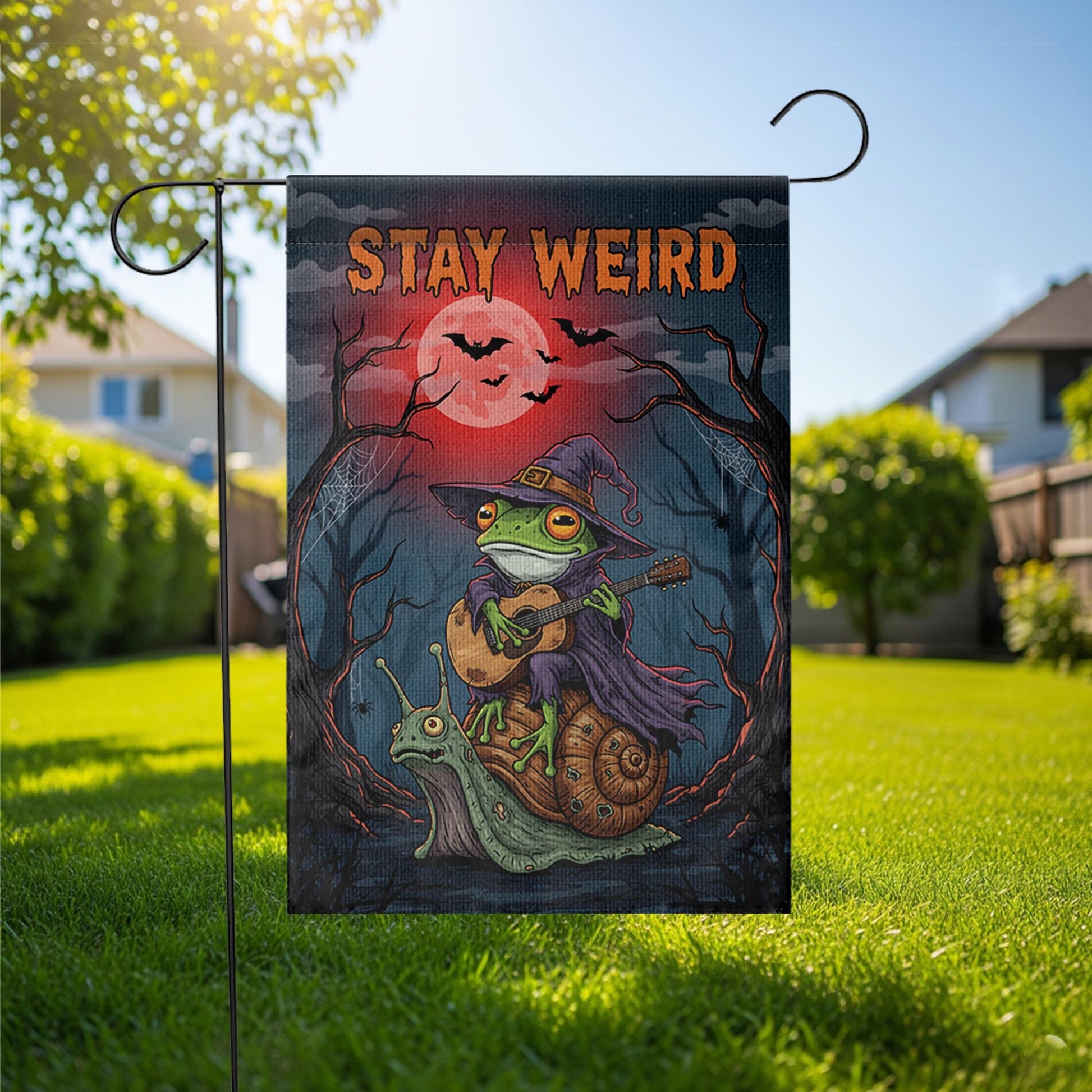 Stay Weird Frog Garden Flag, Witch on Snail Yard Banner, Goblincore Halloween Decor, Funny Gothic Cottagecore Spooky Welcome Sign