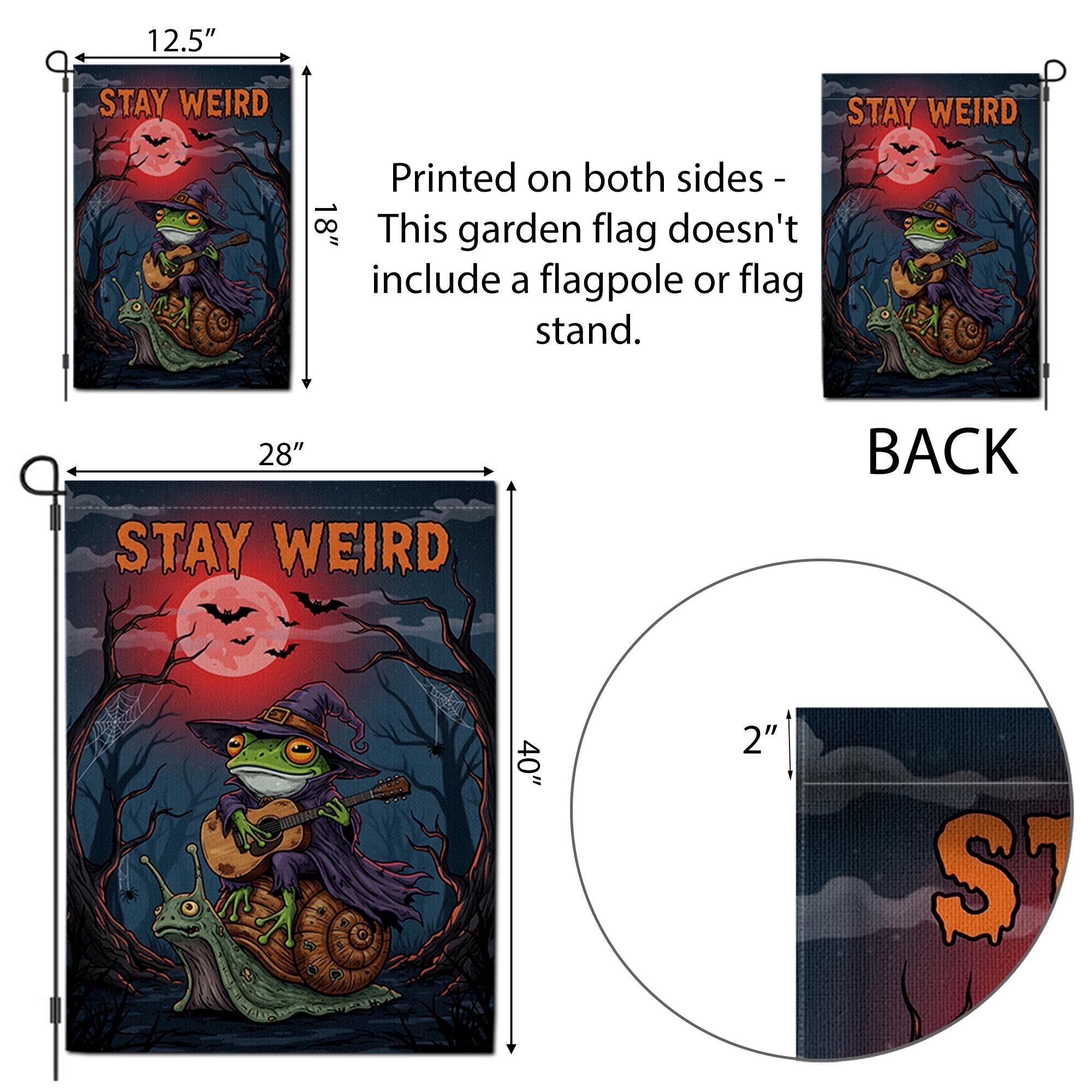 Stay Weird Frog Garden Flag, Witch on Snail Yard Banner, Goblincore Halloween Decor, Funny Gothic Cottagecore Spooky Welcome Sign