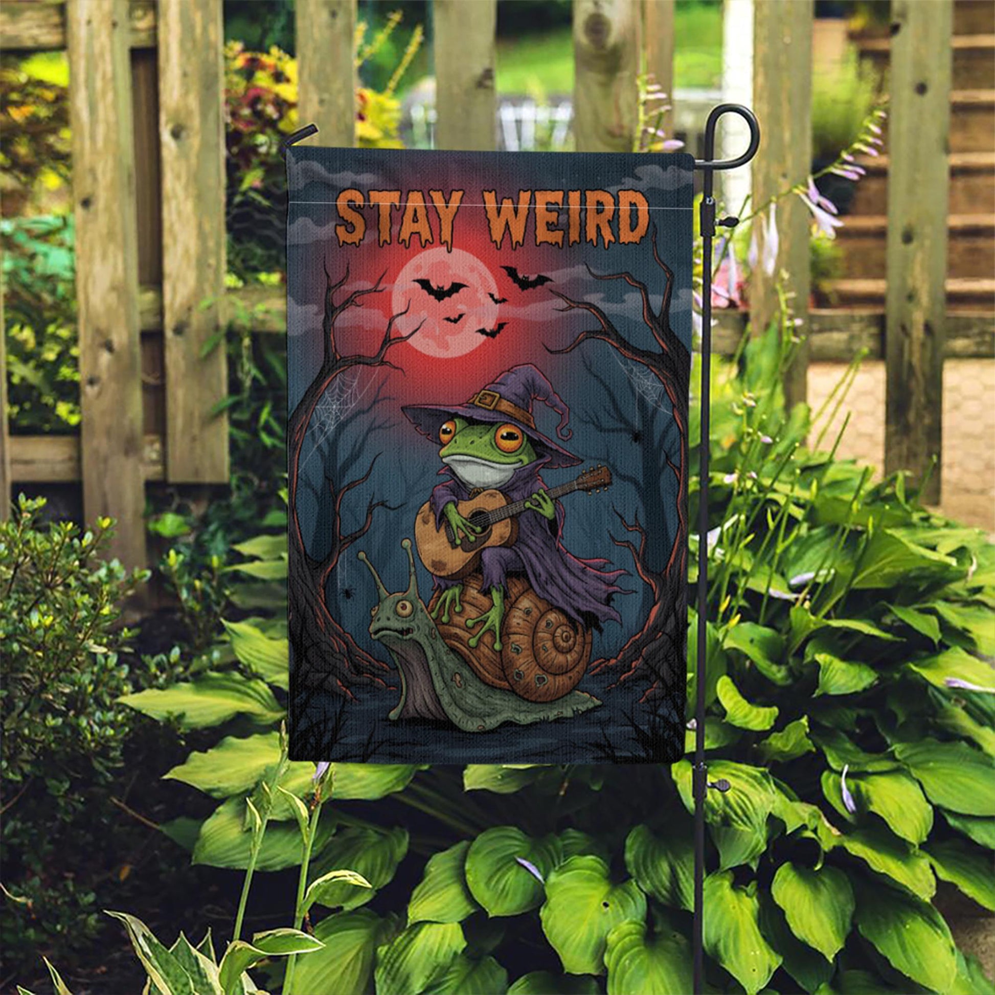 Stay Weird Frog Garden Flag, Witch on Snail Yard Banner, Goblincore Halloween Decor, Funny Gothic Cottagecore Spooky Welcome Sign