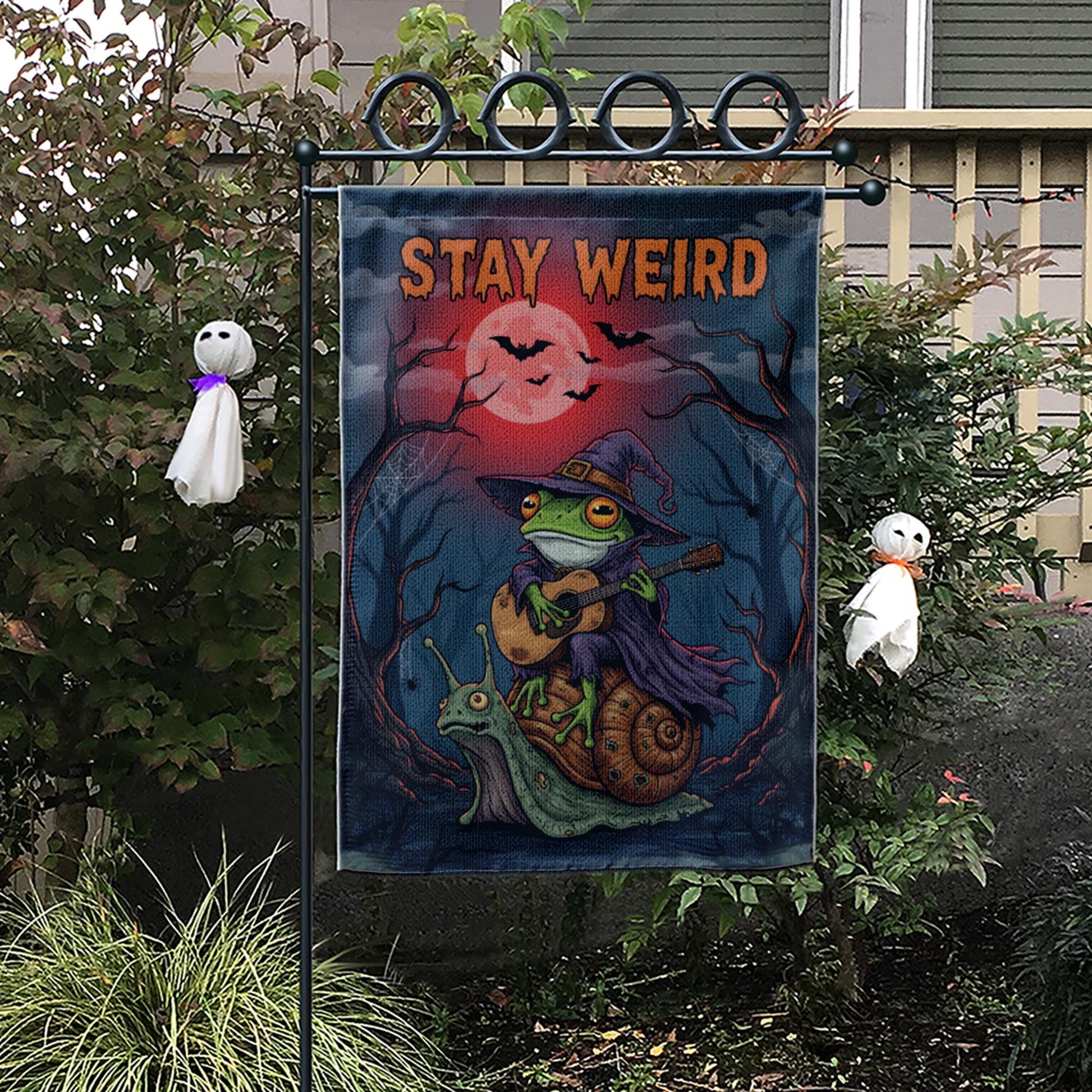 Stay Weird Frog Garden Flag, Witch on Snail Yard Banner, Goblincore Halloween Decor, Funny Gothic Cottagecore Spooky Welcome Sign