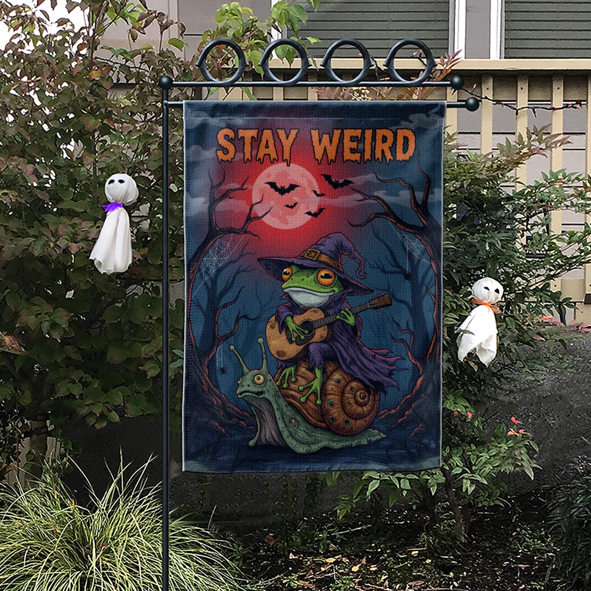 Stay Weird Frog Garden Flag, Witch on Snail Yard Banner, Goblincore Halloween Decor, Funny Gothic Cottagecore Spooky Welcome Sign