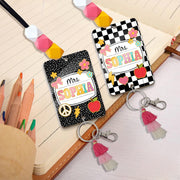 Custom Teacher ID Badge with Beaded Lanyard - Personalized Composition Notebook Style Name Tag, Fun Classroom Gift for Mrs. or Miss