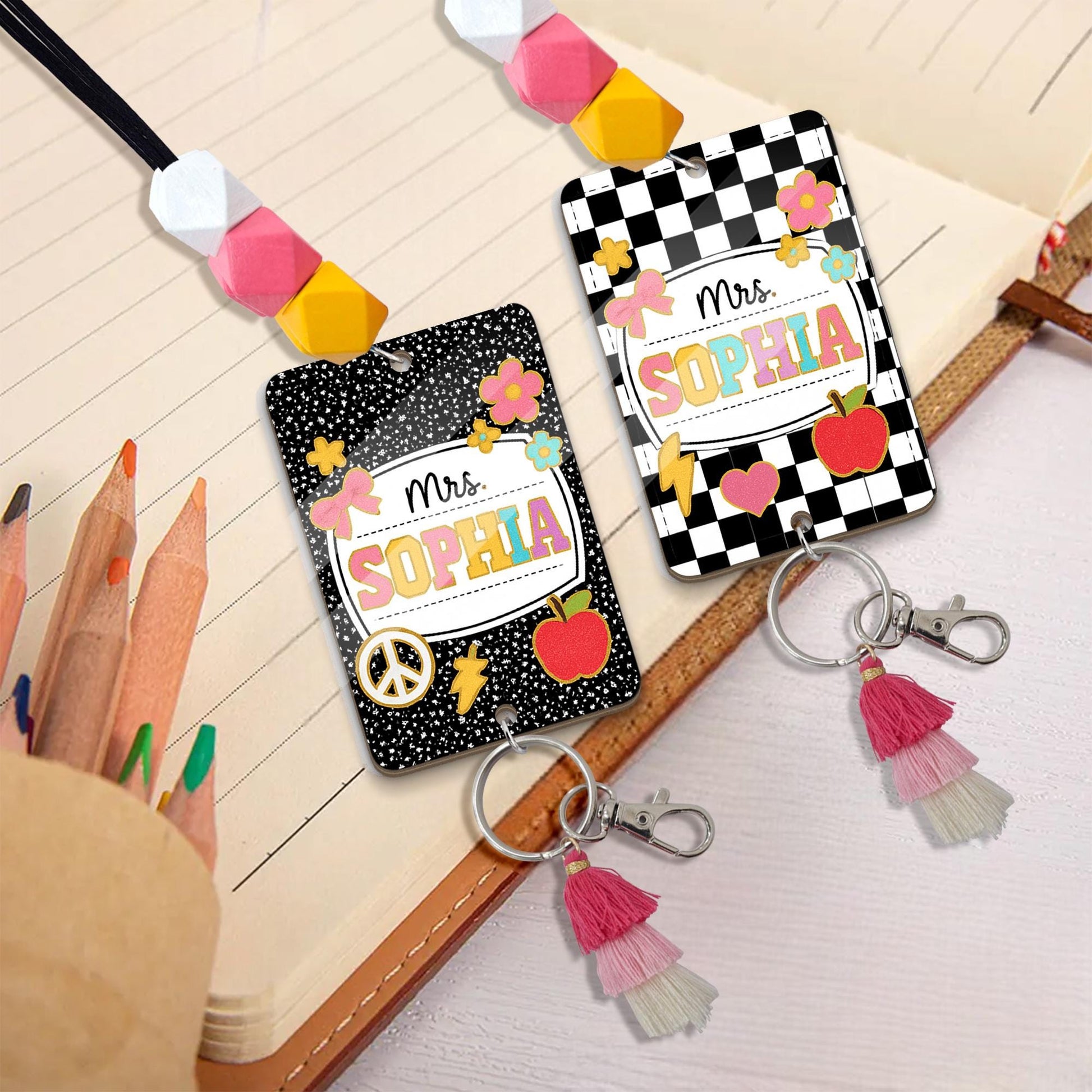 Custom Teacher ID Badge with Beaded Lanyard - Personalized Composition Notebook Style Name Tag, Fun Classroom Gift for Mrs. or Miss