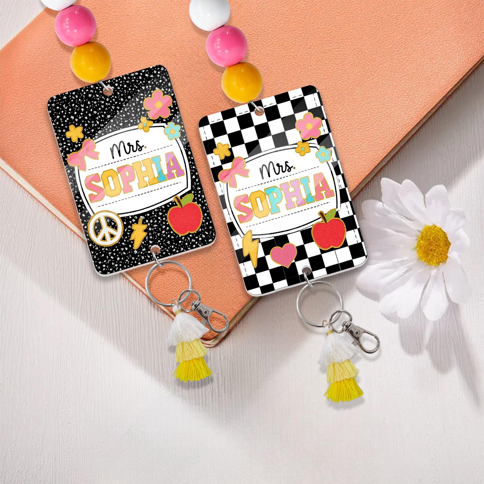 Custom Teacher ID Badge with Beaded Lanyard - Personalized Composition Notebook Style Name Tag, Fun Classroom Gift for Mrs. or Miss