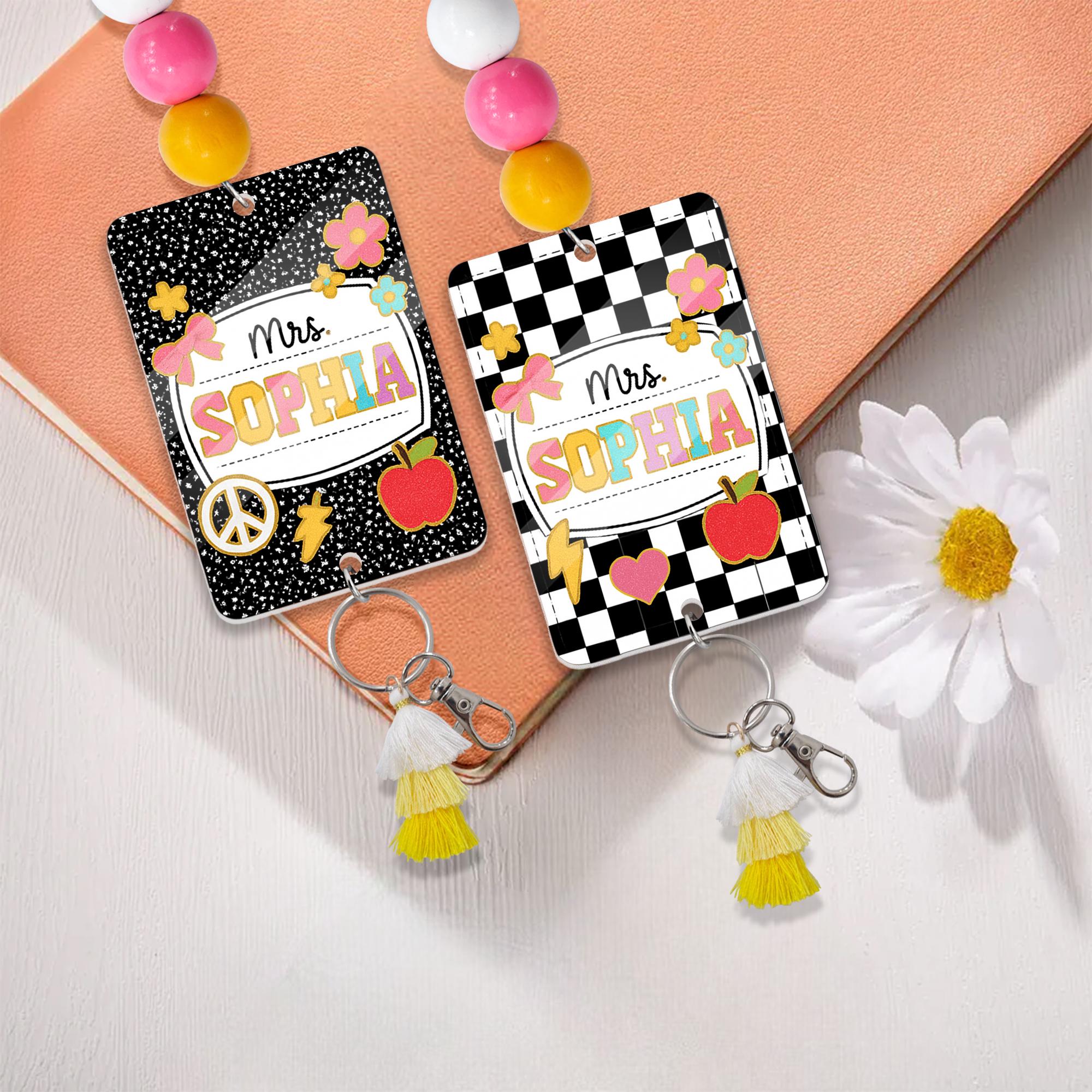 Custom Teacher ID Badge with Beaded Lanyard - Personalized Composition Notebook Style Name Tag, Fun Classroom Gift for Mrs. or Miss