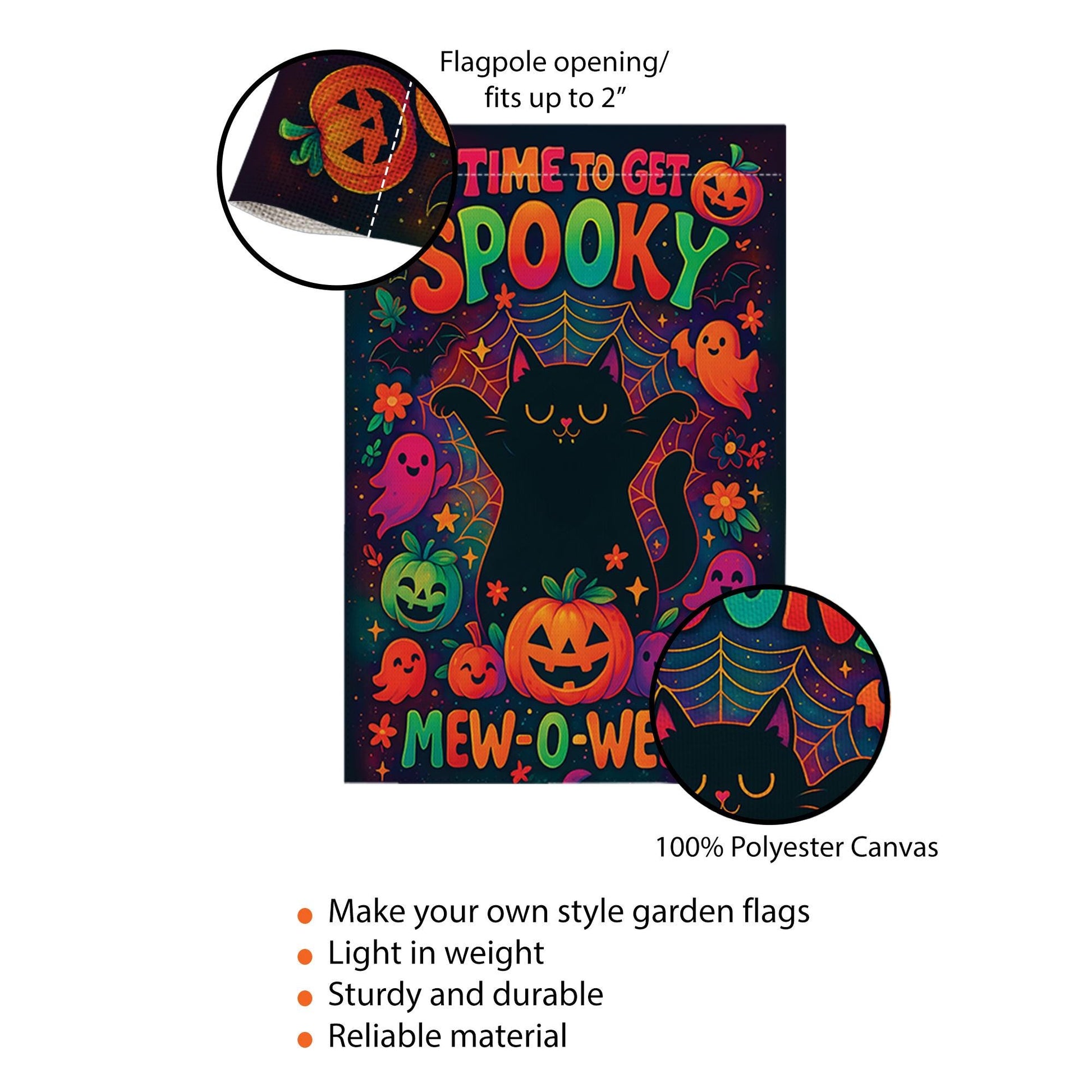 Mew-o-ween Black Cat Garden Flag, Time To Get Spooky Decor, Cute Ghost Pumpkin Halloween Yard Art, Colorful Whimsical Outdoor Banner