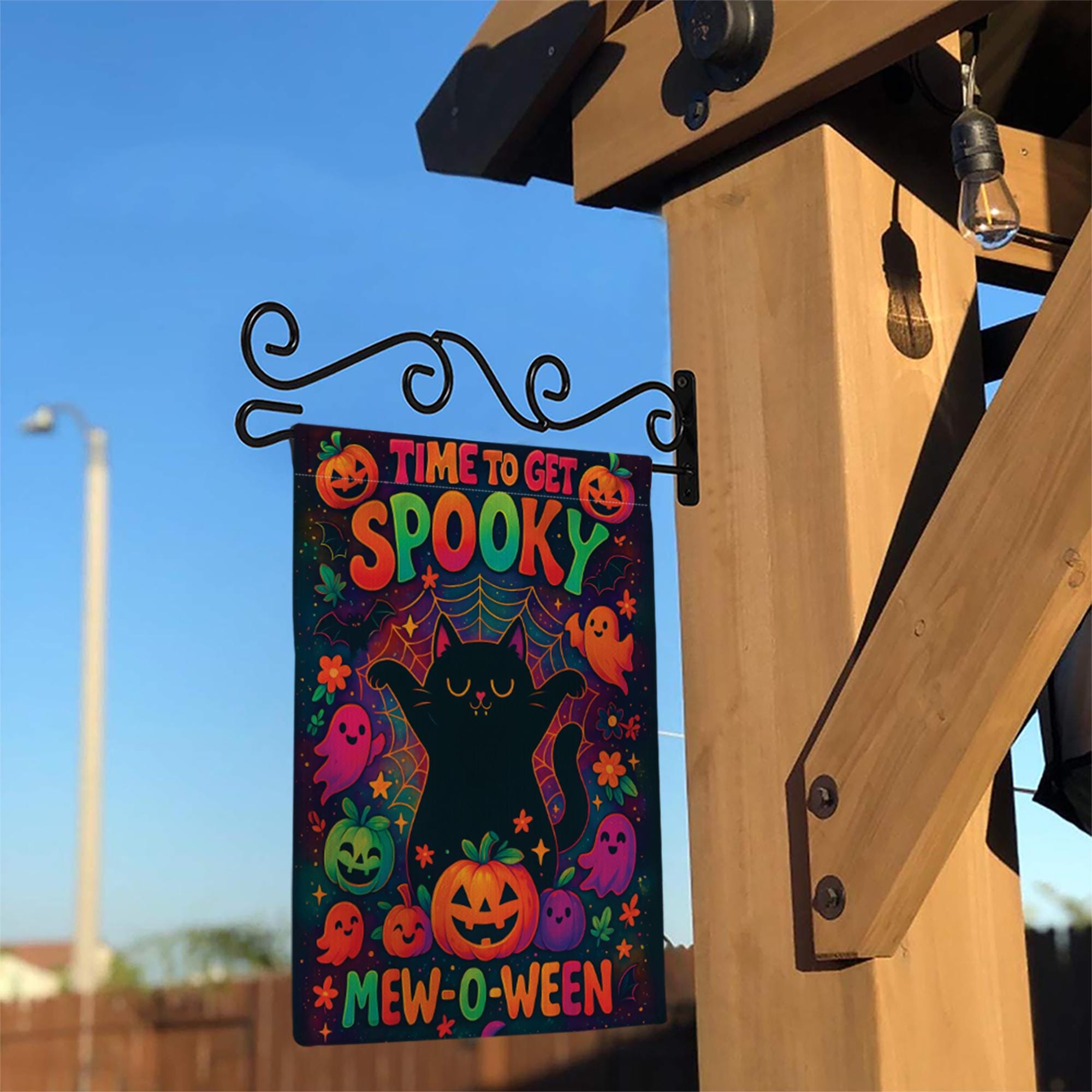 Mew-o-ween Black Cat Garden Flag, Time To Get Spooky Decor, Cute Ghost Pumpkin Halloween Yard Art, Colorful Whimsical Outdoor Banner