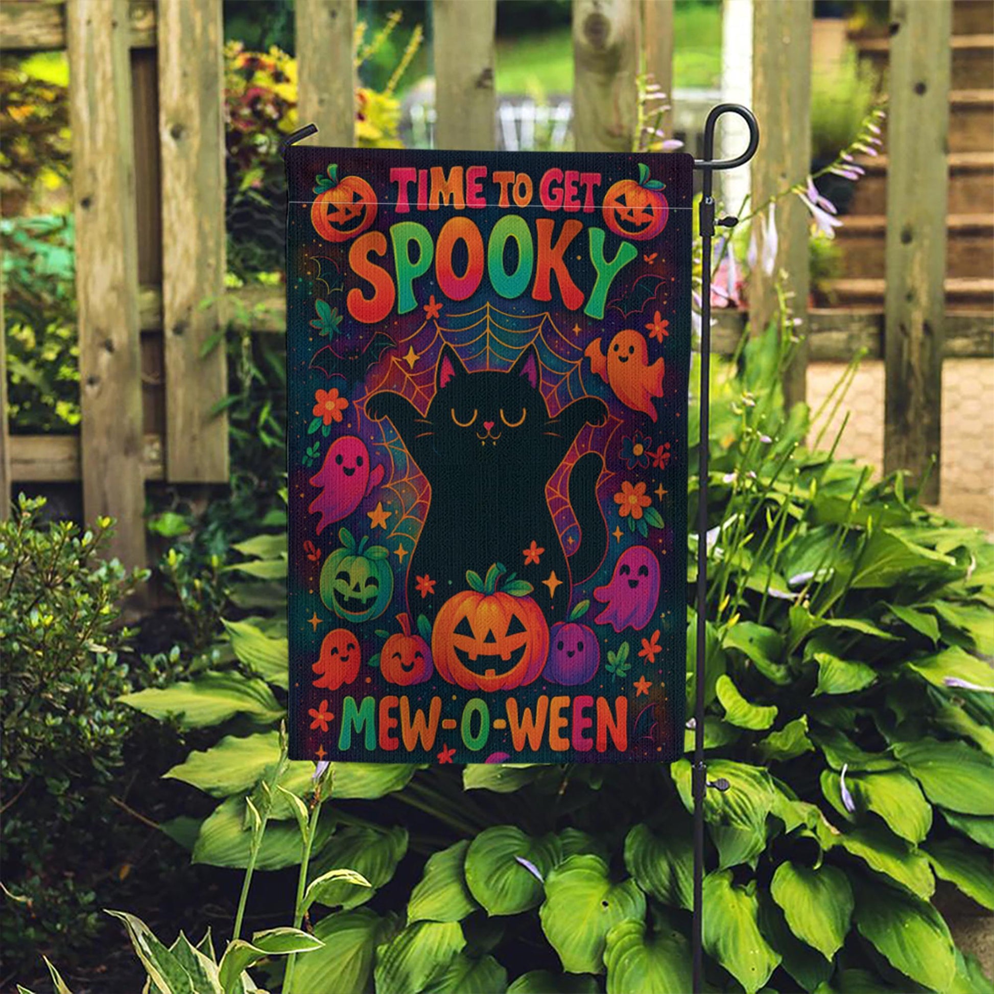 Mew-o-ween Black Cat Garden Flag, Time To Get Spooky Decor, Cute Ghost Pumpkin Halloween Yard Art, Colorful Whimsical Outdoor Banner