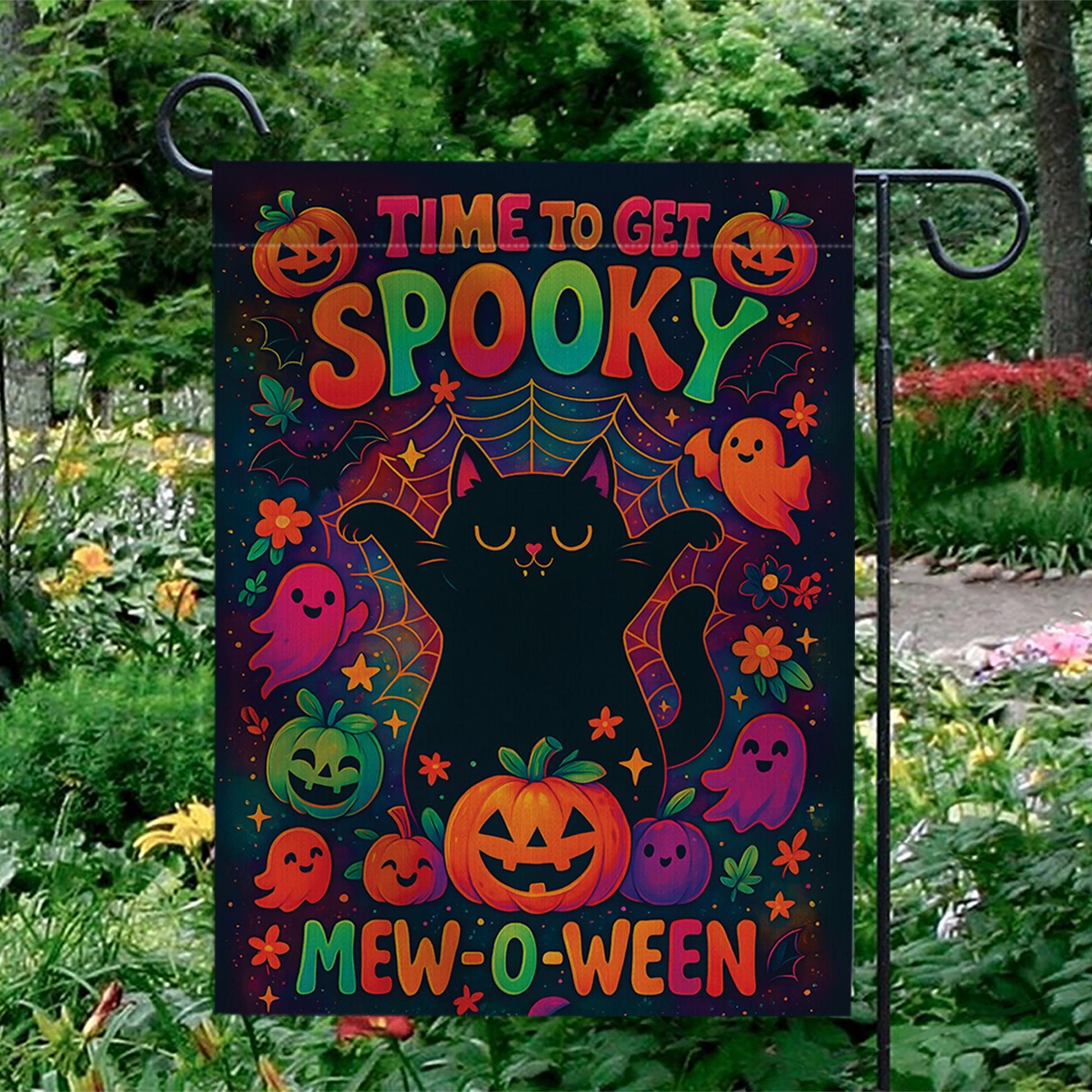 Mew-o-ween Black Cat Garden Flag, Time To Get Spooky Decor, Cute Ghost Pumpkin Halloween Yard Art, Colorful Whimsical Outdoor Banner