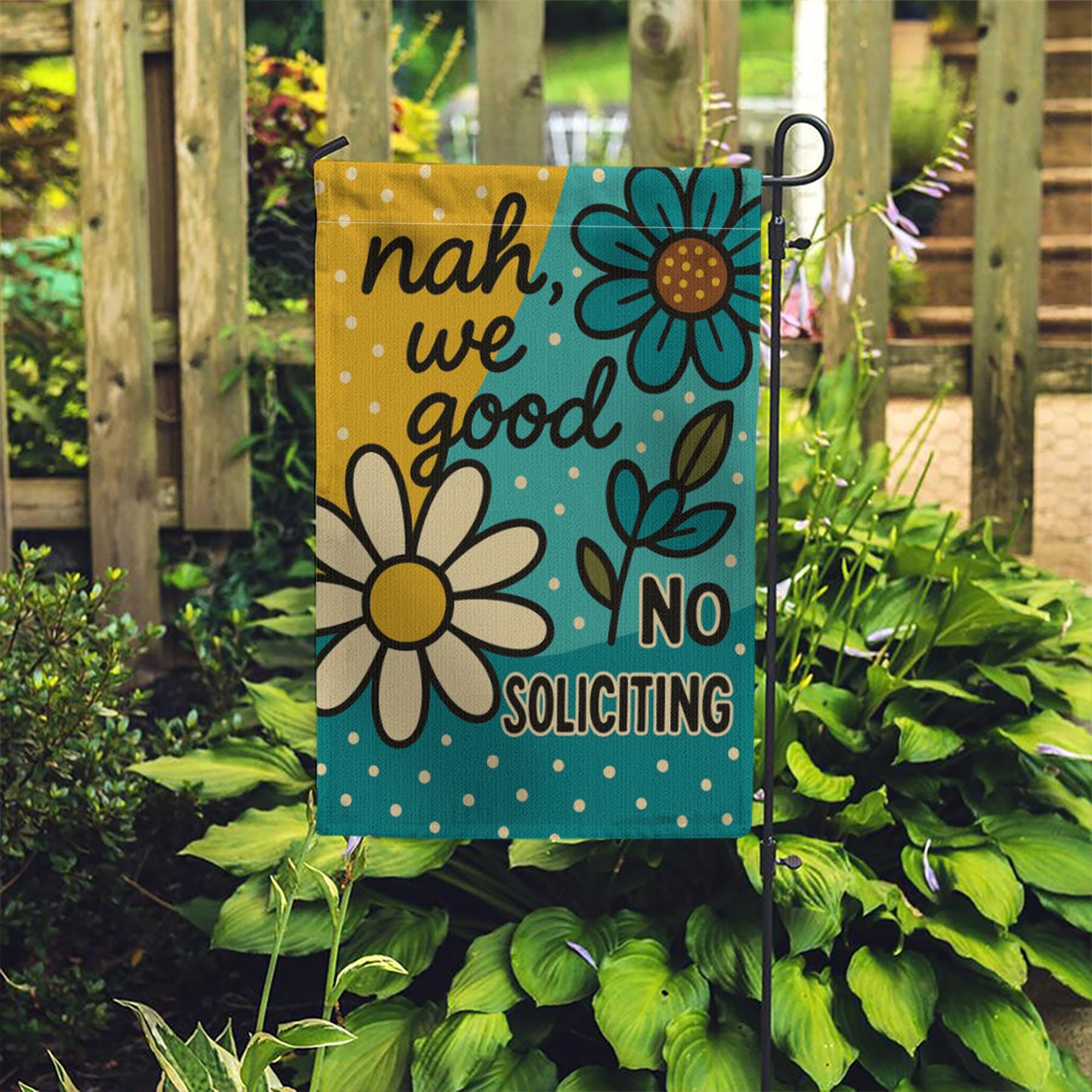 Nah We Good No Soliciting Garden Flag, Funny Yard Sign with Flowers, Bold Do Not Disturb Outdoor Decor, Floral Welcome Banner