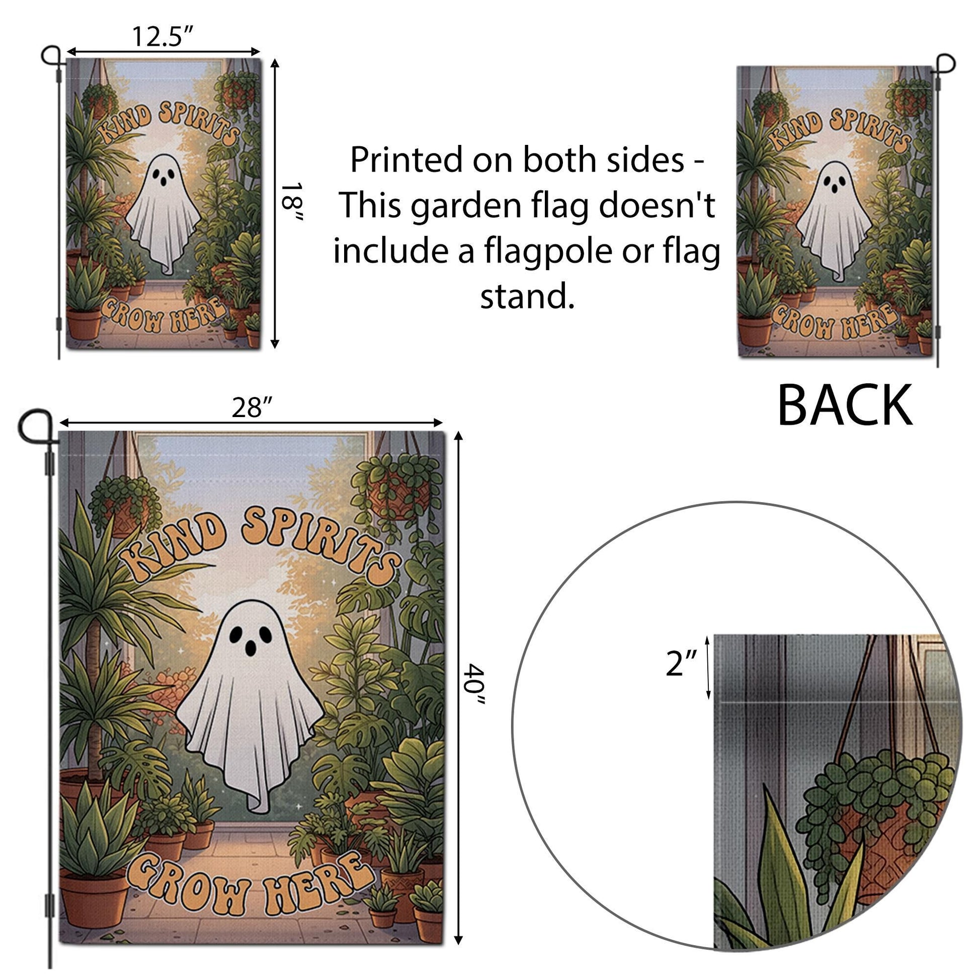 Kind Spirits Grow Here Ghost Garden Flag, Cute Spooky Halloween Decor, Retro Plant Lover Yard Art, Whimsical Outdoor Banner, Housewarming