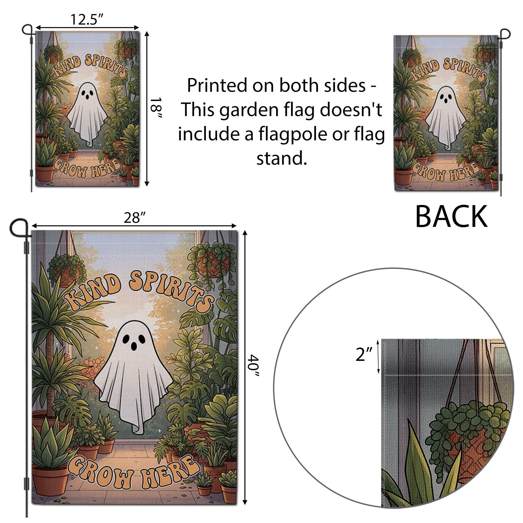 Kind Spirits Grow Here Ghost Garden Flag, Cute Spooky Halloween Decor, Retro Plant Lover Yard Art, Whimsical Outdoor Banner, Housewarming