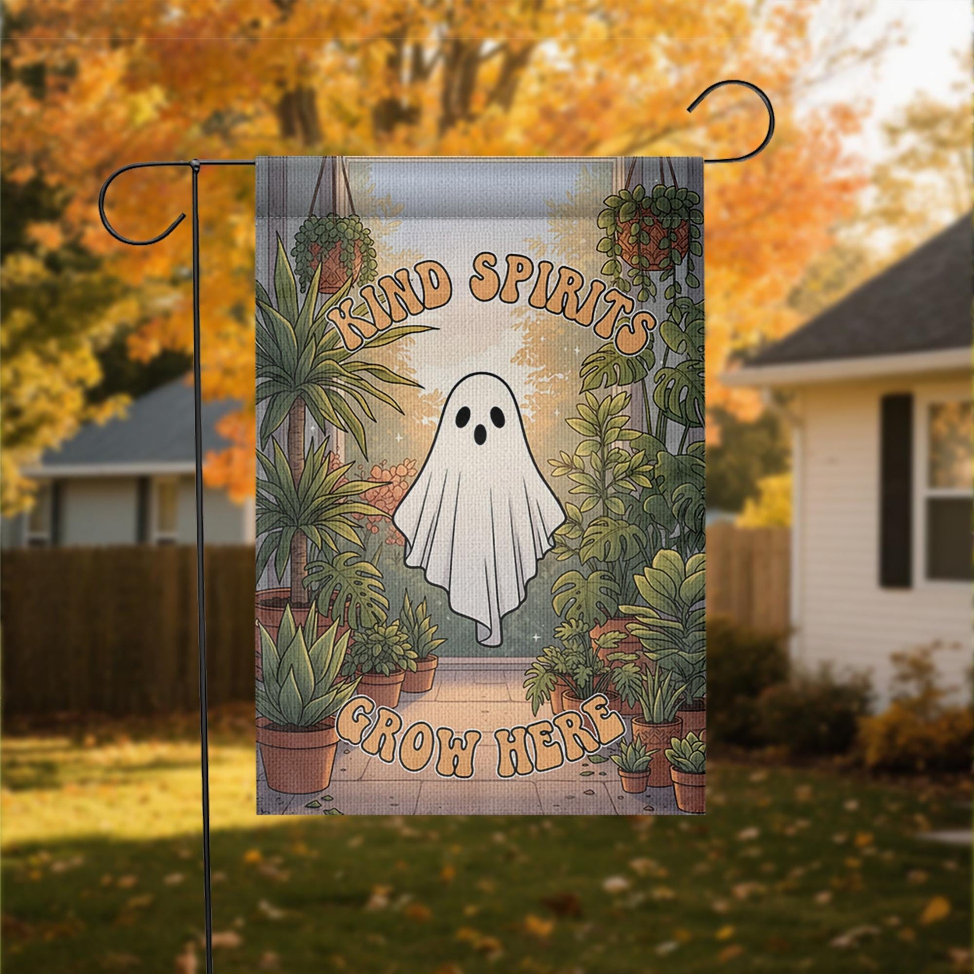 Kind Spirits Grow Here Ghost Garden Flag, Cute Spooky Halloween Decor, Retro Plant Lover Yard Art, Whimsical Outdoor Banner, Housewarming