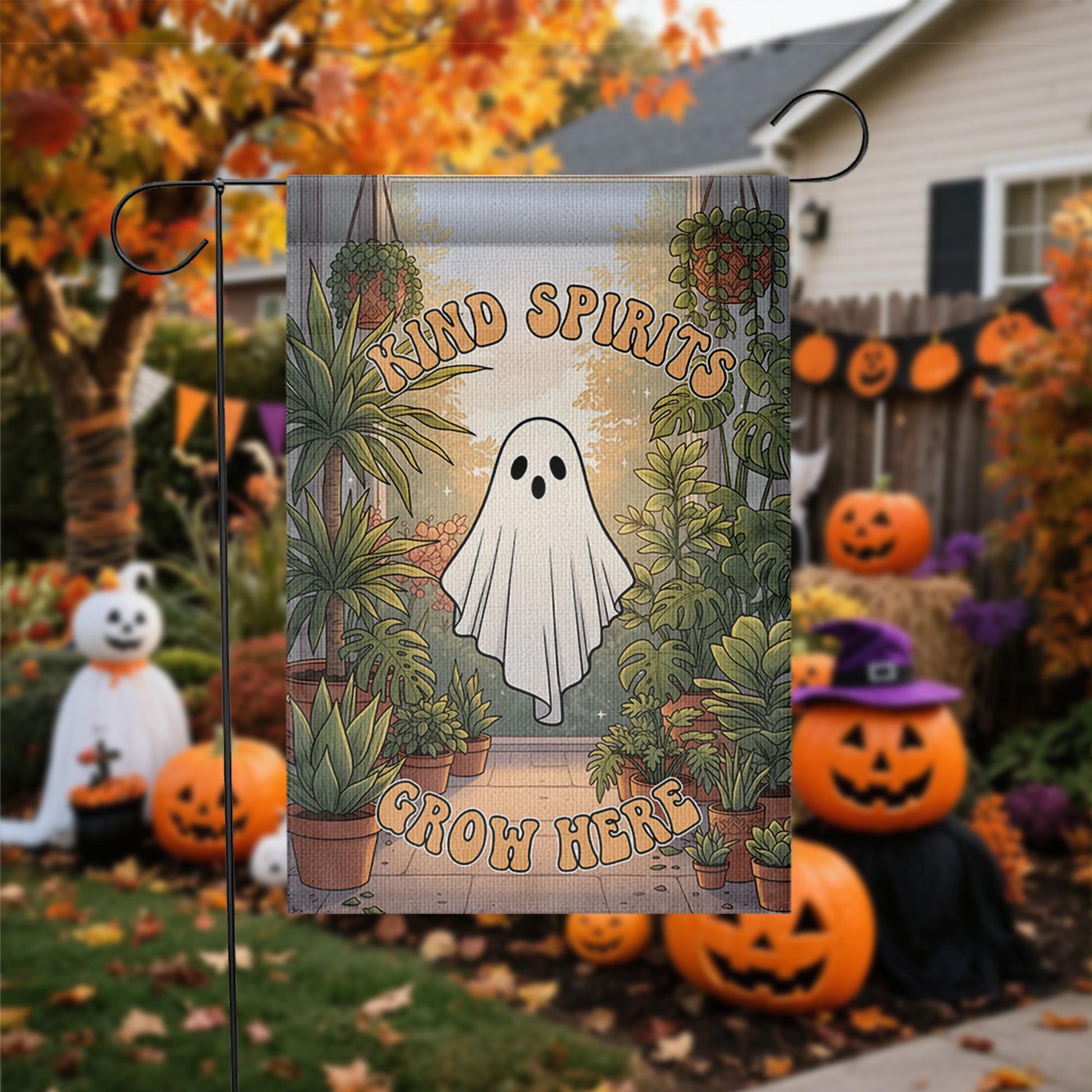 Kind Spirits Grow Here Ghost Garden Flag, Cute Spooky Halloween Decor, Retro Plant Lover Yard Art, Whimsical Outdoor Banner, Housewarming