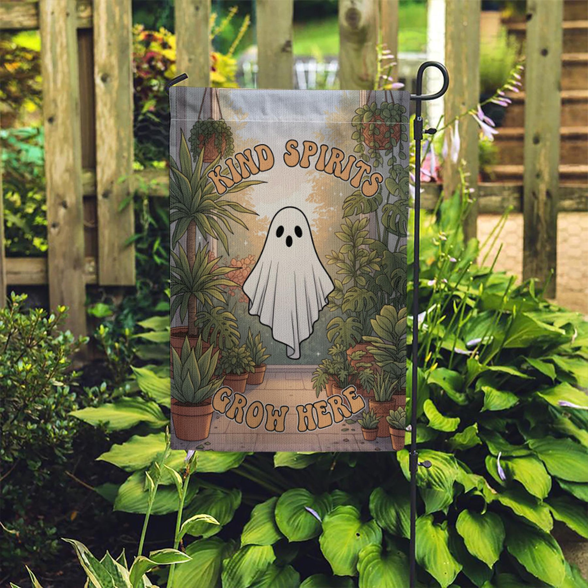 Kind Spirits Grow Here Ghost Garden Flag, Cute Spooky Halloween Decor, Retro Plant Lover Yard Art, Whimsical Outdoor Banner, Housewarming