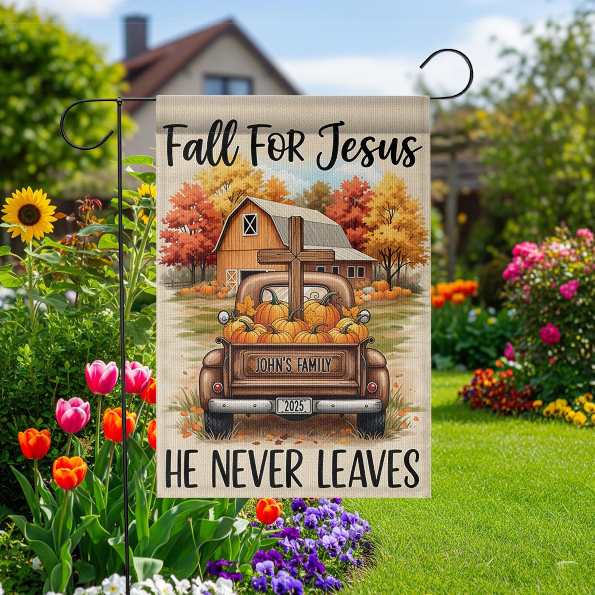 Personalized Fall For Jesus Garden Flag, Custom Family Name Christian Decor, Religious Autumn Truck Cross, Farmhouse Yard Decor 2025